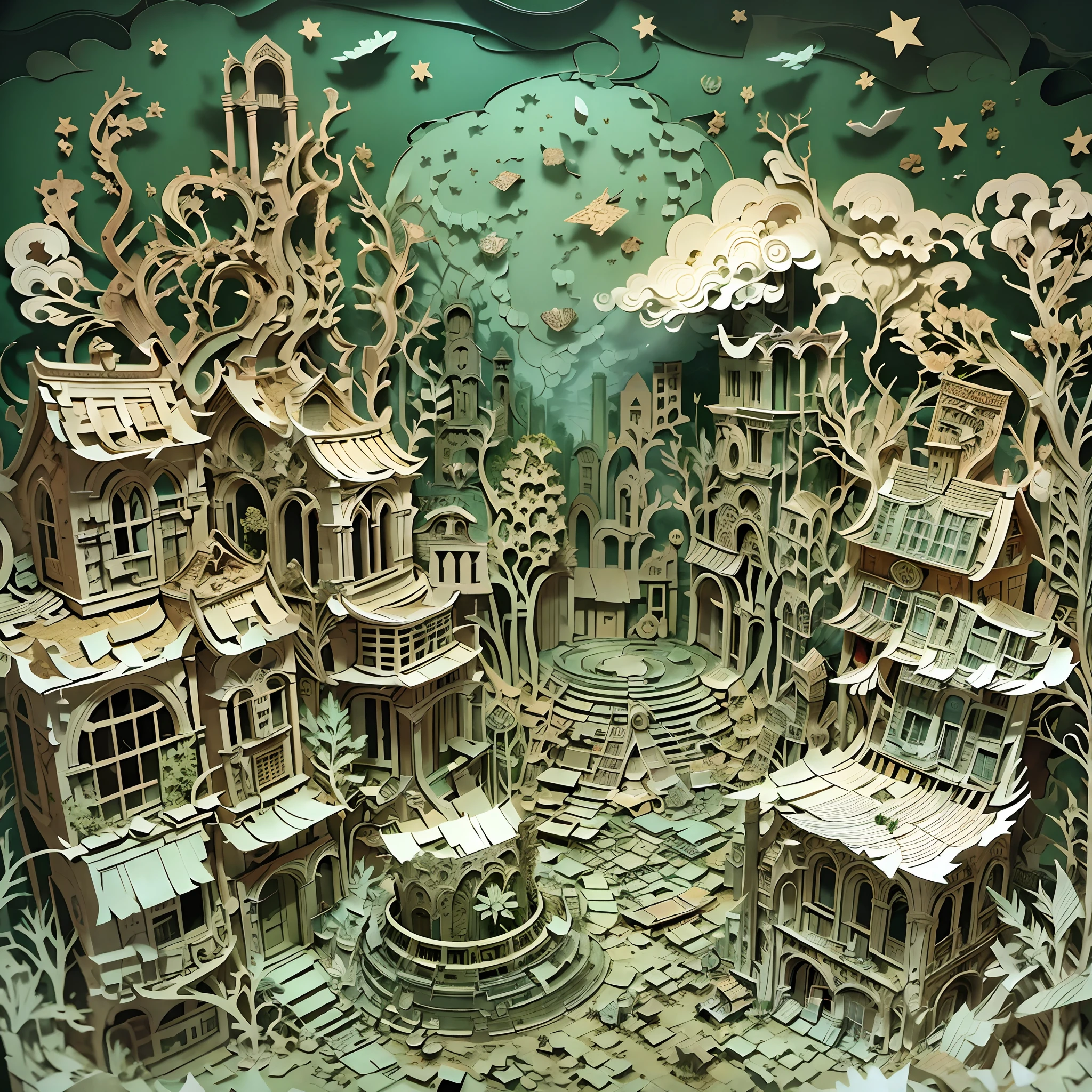 Paper Cuttings style:Wasteland background of Sky City,Misty atmosphere,Smoke comes out of the ground,Overgrown vines and plants,magical ruins,Thick clouds hovering above,crumbling buildings,Mystical Artifacts,Rough cobblestone streets,Signs of weathering,Starry Night Sky.