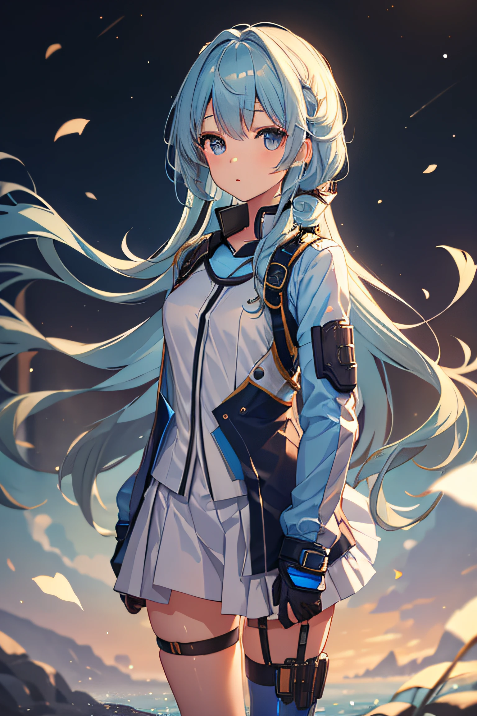 White combat suit with blue pattern, 1 girl, F/1.2, masutepiece, nffsw, Textured skin, high details, Best Quality