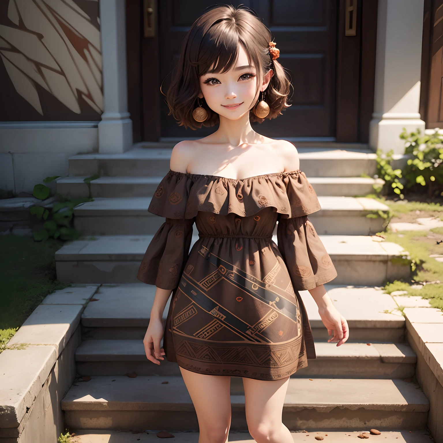 masterpiece、top-quality、ultra-detailliert、1 Chibi Anime Characters、Sauvage Hair、A smile、((Brown Jasper Pattern Off Shoulder Dress:1.4)),Standing、stairway