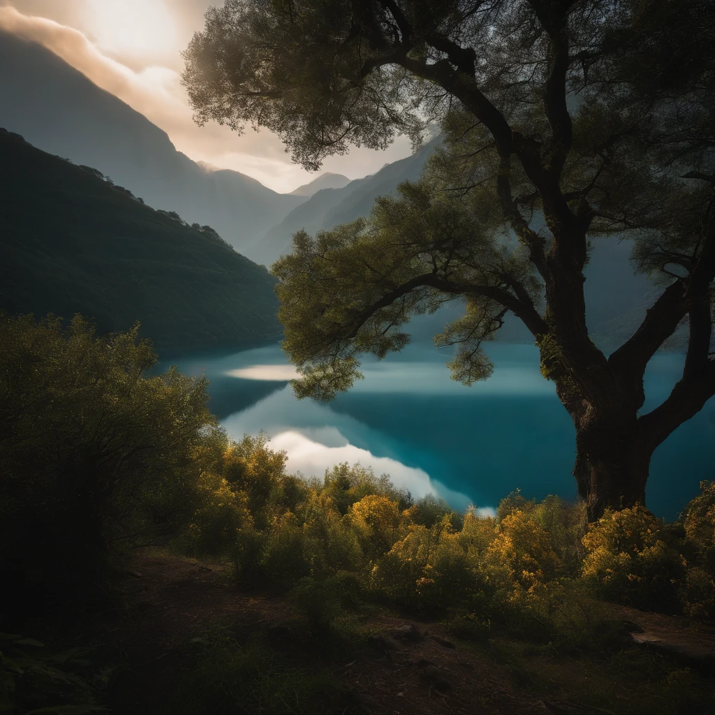 Magnificent view,zori,Blurred vision,Alpine forest landscape photography,Pale sunrise, majestic mountain peaks,Rugged mountain roads,(Boulders),precipice,Clear and transparent water,Broad field of view,Minimalist,Black-white-cyan-yellow tones,giant tree,bushes,falling leaf,desolated,Aloneness,Cold,foggy sky,The morning sun that does not dazzle,Nightmare vision,Dark fantasy plot,Perfect and excellent composition,8K分辨率,the detail,limitations,Close-up ultra-wide angle shot,Cool background,Jack Guzman's environmental art photography,realisticlying,cinematic compositions,,vividness, A detailed, stunning skies,Colorful clouds float,true to life, Pubic area is clear, flawless perfection, Digital SLR, 1024, 2048, 4096, A detailed, Sharp, best qualtiy, high qulity, absurderes,unmanned background,The is very detailed、Detailed lighting shadows,Trends on ArtStation、iintricate、high detal、dramatics、(Volumetriclighting:1.2)hdr shot。(Close-up,Super deep view,ultra-wide-angle,Microfocal length lens:1.2)(realisticlying:1.4)tmasterpiece、high high quality、Beautiful photography,globalillumination
