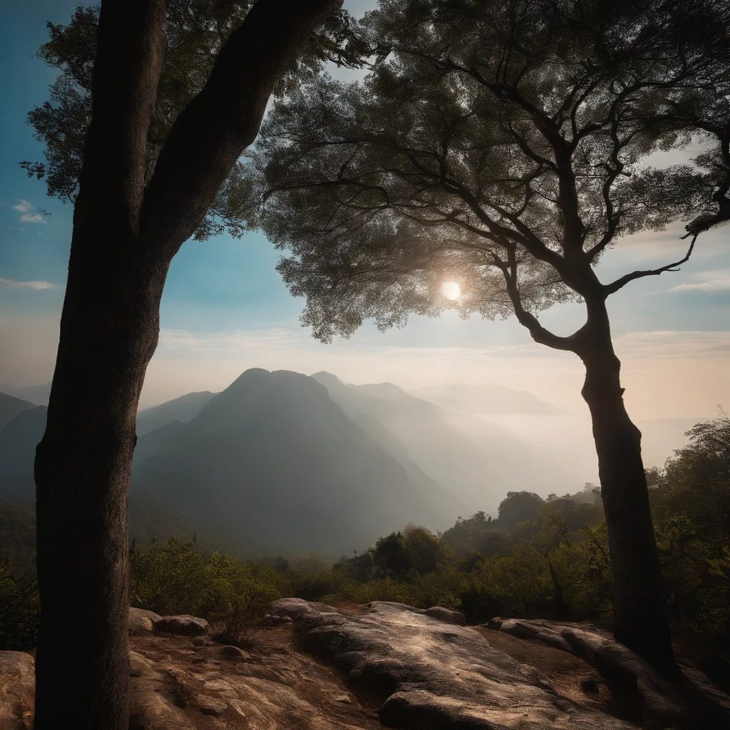 Magnificent view，zori，Blurred vision，Alpine forest landscape photography，Pale sunrise, majestic mountain peaks，Rugged mountain roads，（Boulders），precipice，Clear and transparent water，Broad field of view，Minimalist，Black-white-cyan-yellow tones，giant tree，bushes，falling leaf，desolated，Aloneness，Cold，foggy sky，The morning sun that does not dazzle，Nightmare vision，Dark fantasy plot，Perfect and excellent composition，8K分辨率，the detail，limitations，Close-up ultra-wide angle shot，Cool background，Jack Guzman's environmental art photography，realisticlying，cinematic compositions，，vividness, A detailed, stunning skies,Colorful clouds float，true to life, Pubic area is clear, flawless perfection, Digital SLR, 1024, 2048, 4096, A detailed, Sharp, best qualtiy, high qulity, absurderes，unmanned background，The is very detailed、Detailed lighting shadows，Trends on ArtStation、iintricate、high detal、dramatics、（Volumetriclighting：1.2）hdr shot。（Close-up，Super deep view，ultra-wide-angle，Microfocal length lens：1.2）（realisticlying：1.4）tmasterpiece、high high quality、Beautiful photography，globalillumination