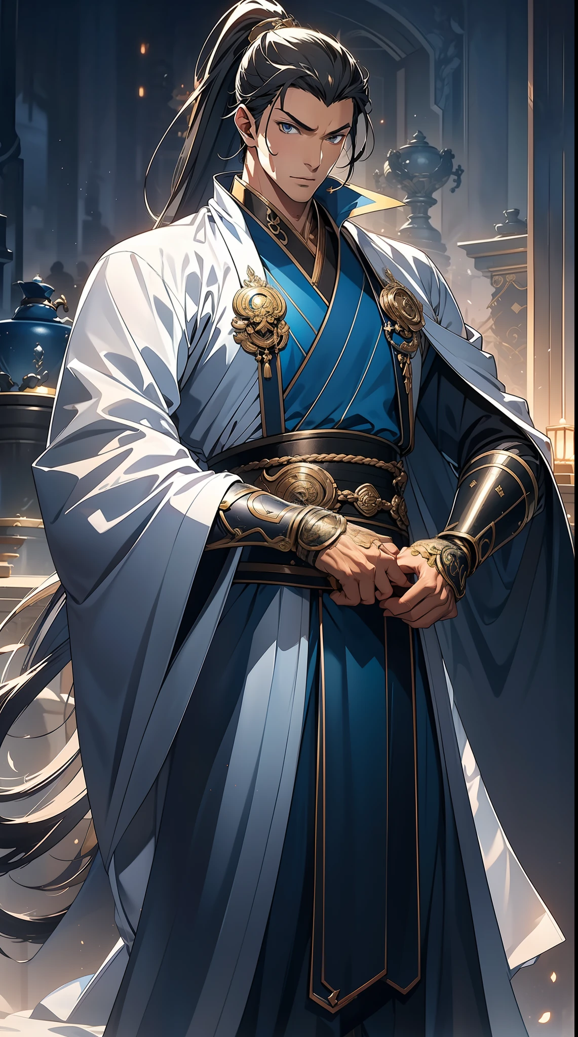 quadratic element，style of anime，mtu（Male Warrior），The proportions are correct，Face details，swordsmen，High ponytail hairstyle，Neck details，There is an Adam's apple，Blue suit，kaftan，long blue robes，clothes details，Handing over，longer sleeves，Game quality，Swordsmanship，Light and shadow tracking，Ray traching，detailed glow，cg render，hair detail，Black long hair，blue colored eyes，Handsome，Handsome，（juvenile sense），Clothing is complicated，Perfectcomposition，Refinement，high qulity，higher details，Lots of details，The background is complex，a sense of atmosphere，