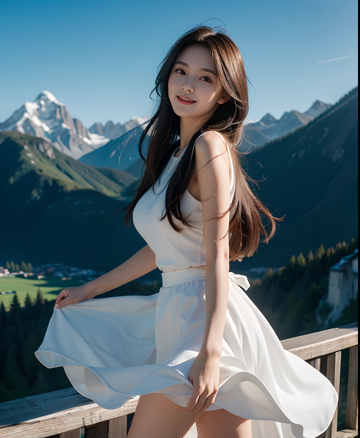 best qualtiy,tmasterpiece,超高分辨率,(真实感:1.4),RAW photogr,1girll,long whitr hair,Face Highlighting,Pure,Girly,Flushing,18yr old,18-year-old smiling female classmate,Pure,Innocent,(best qualtiy,8K,tmasterpiece:1.3),Goose egg face,largeeyes,long eyelasher,Exquisite(live-action realistic style),Star-like eyes,Ultimate face,Photorealistic light and shadow,Clear facial features,Milky white skin,Fair skin, highdetailskin, Realistic skin details, Visible Pore,(Super detail),(perfect bodies:1.1),long whitr hair,(dynamicposes),((Dynamic background((volumettic light:1.3)),huge tit,red long skirt,alps,with blue sky and white clouds,liberta,Dashing,long leges,Shunguang