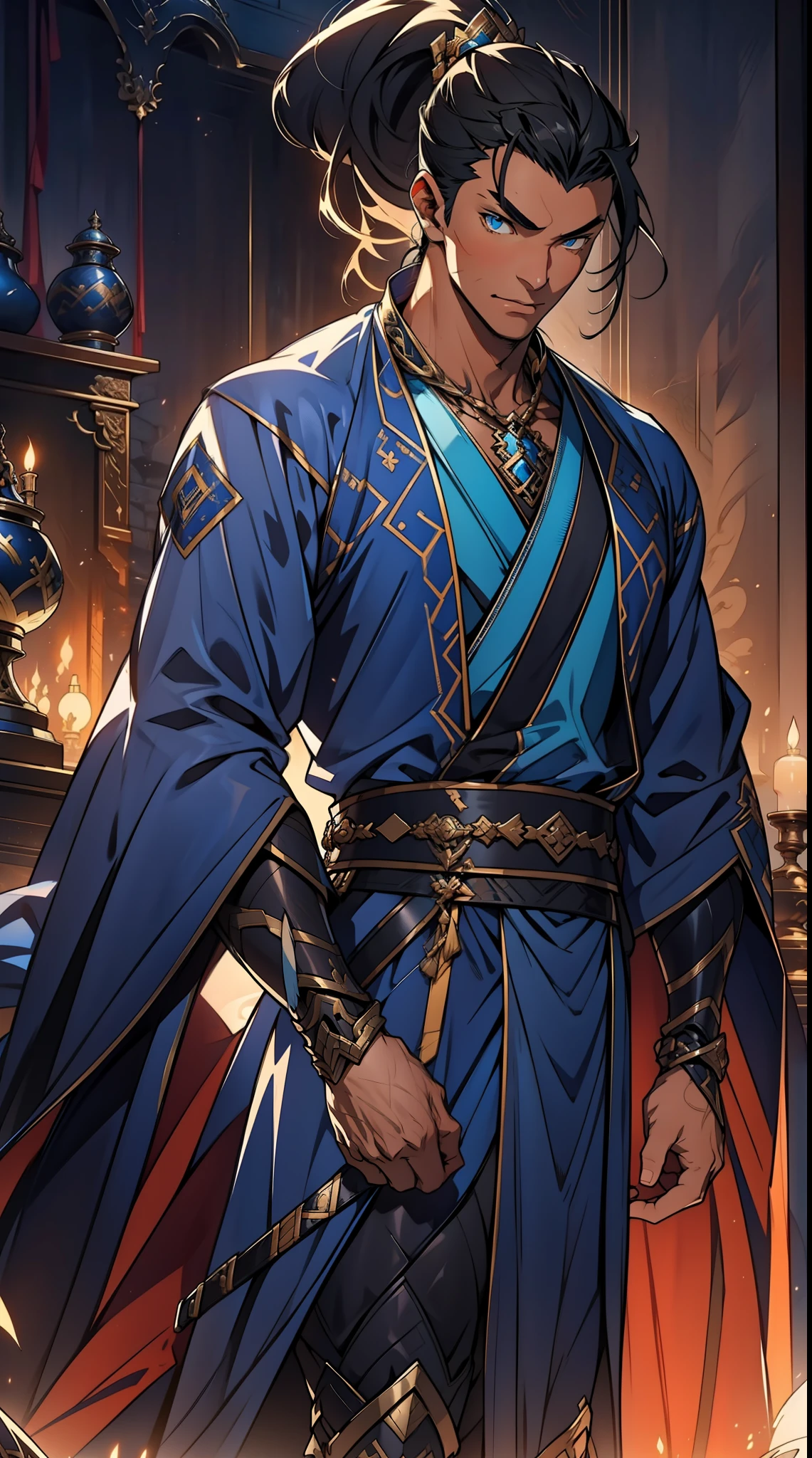 quadratic element,style of anime,mtu(Male Warrior),The proportions are correct,Face details,swordsmen,High ponytail hairstyle,Neck details,There is an Adam's apple,Blue suit,kaftan,long blue robes,clothes details,Handing over,longer sleeves,Game quality,Swordsmanship,Light and shadow tracking,Ray traching,detailed glow,cg render,hair detail,Black long hair,blue colored eyes,Handsome,Handsome,(juvenile sense),Clothing is complicated,Perfectcomposition,Refinement,high qulity,higher details,Lots of details,The background is complex,a sense of atmosphere,