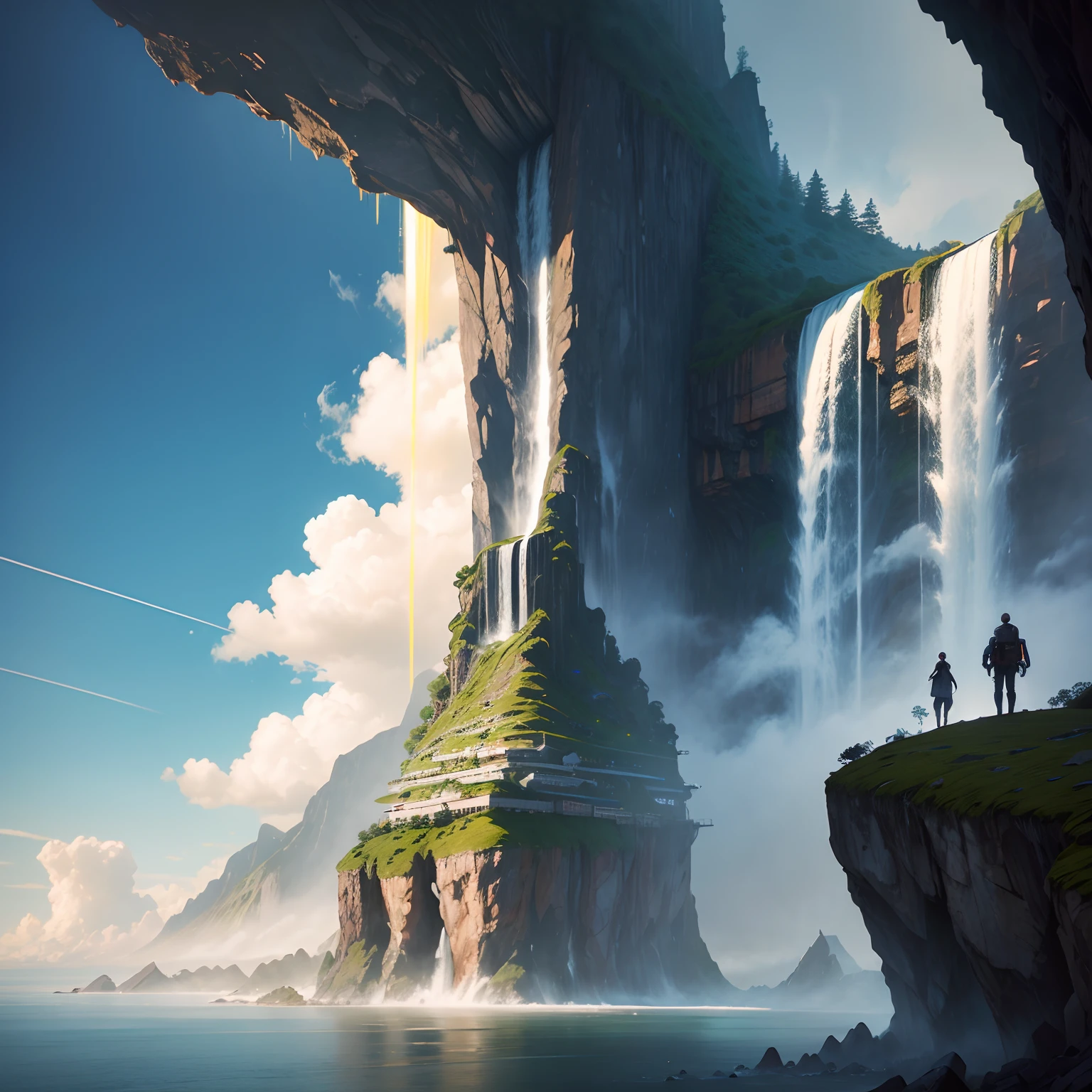 SFart by,Super huge waterfall,cyberpunked,超A high resolution,Superb view surrounded by nature,Mystical landscape,in isekai,planet earth,masterpiece,A world towering above the clouds,Huge island,epcot,