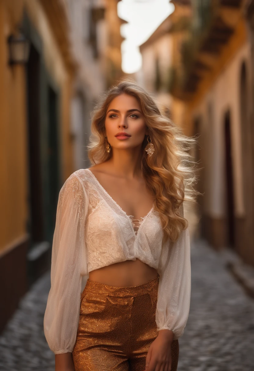 Uma mulher jovem e bonita, blonde hair that falls gently in waves up to the shoulders, altura mediana, olhos grandes e verdes, pele clara, She's in a blouse with cleavage, em uma rua movimentada, Ela sorri, mostra os dentes, there are people in the background of the image is spring the street is flowery, o sol bate de costas fazendo seus cabelos brilharem, seu semblante esta naturalmente sereno, lips with light pink lipstick, Textura 8K, altamente detalhados, realista, soft Cinematic Light, HDR, sharp fokus, obra-prima, fotorrealista, fotografia premiada, Canon EOS R5, 35 mm.