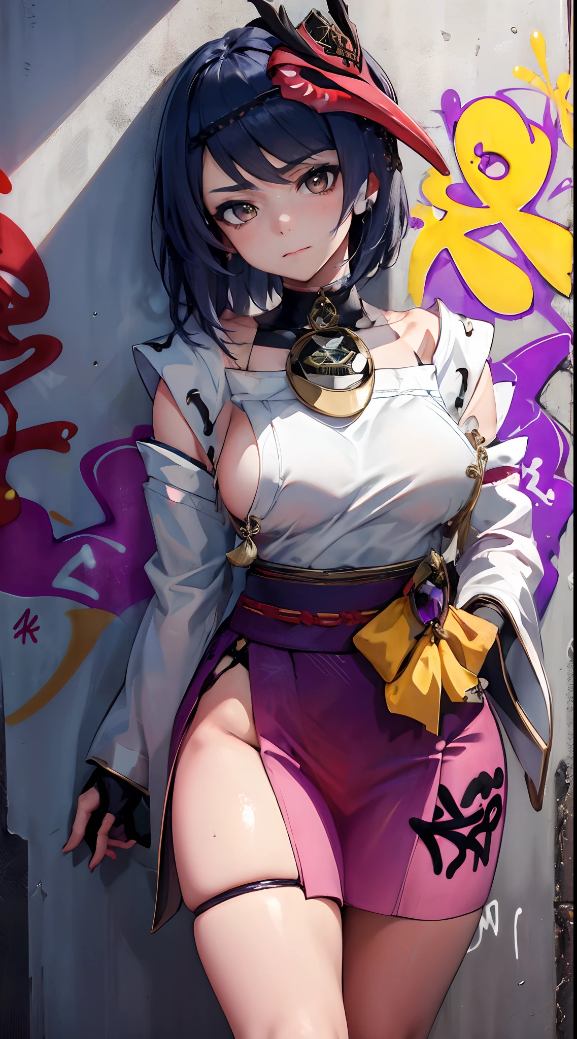 Kujou Sara Genshin Effect, masterpiece, bestquality, 1girls, oversized breasts, bara, Wearing a kimono, Miko Dresses, choker, (Graffiti:1.5), Splash with purple lightning pattern., arm behind back, against wall, View viewers from the front., Thigh strap, Head tilt, bored, water eyes,