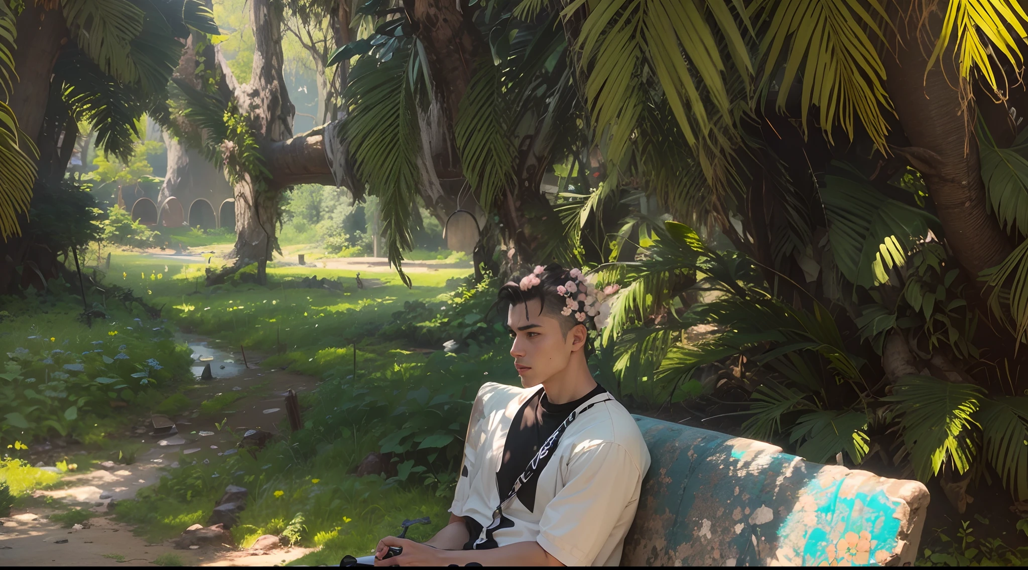 change the background to a future world and change tha chair structure into a different level change his shoes theme like cyberpunk with Sakura blossom beige theme and change the beauty of the tree behind him realistic face 8k ultra realistic