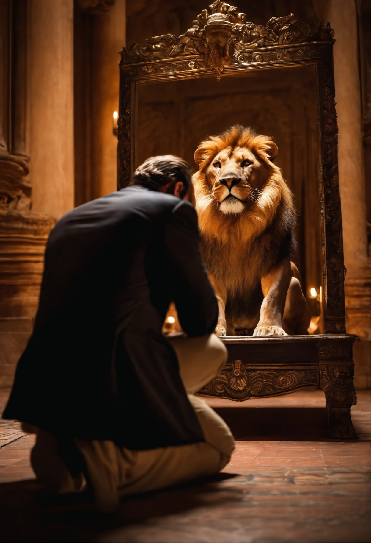 A man kneels in prayer before a mirror. The mirror reflects a majestic lion standing behind him. The man's expression reveals a mix of awe and bravery as he confronts this astonishing sight