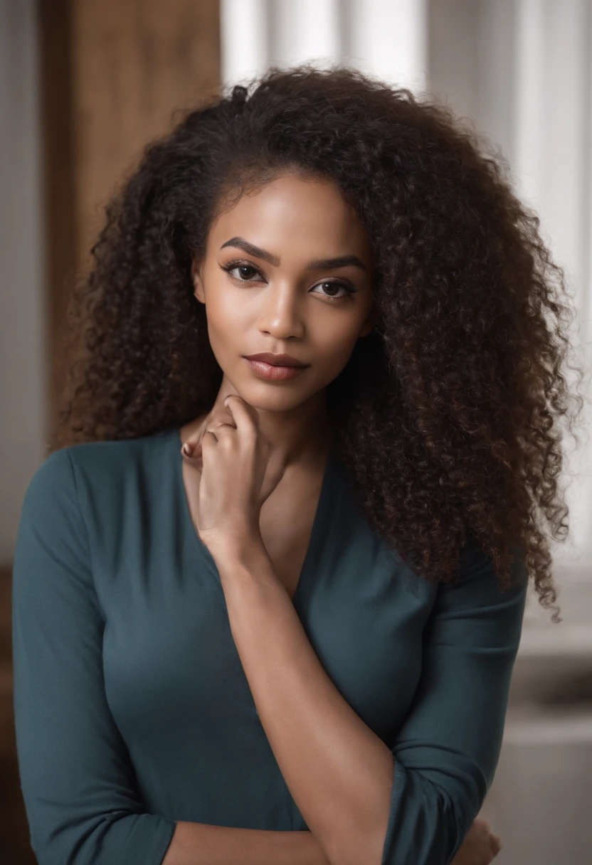 beautiful dark light skin woman with long kinky afro hair style, Out-front photo of Influencer looking at the camera with hands crossed and folded in front of her, Barely any emotion. Looking straight onto the camera. Arms are crossed in front round rib cage,Plain Leggings Black, Setting
In her Manufacturing office (with a heat press).