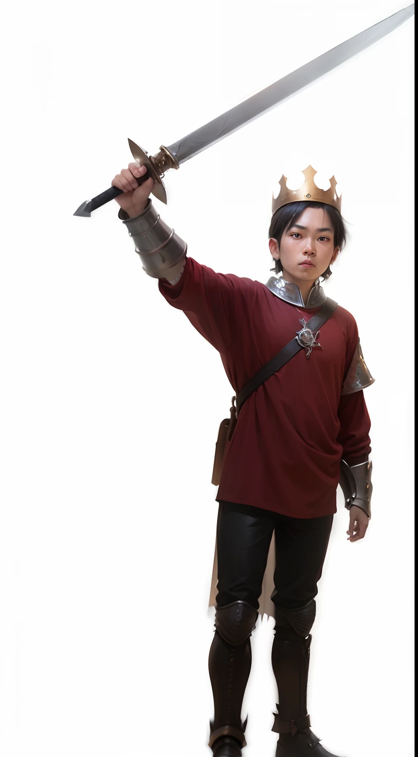 king hold up a sword, warrior theme, wearing metal armor, king clothes, digital painting style, perfect proportion