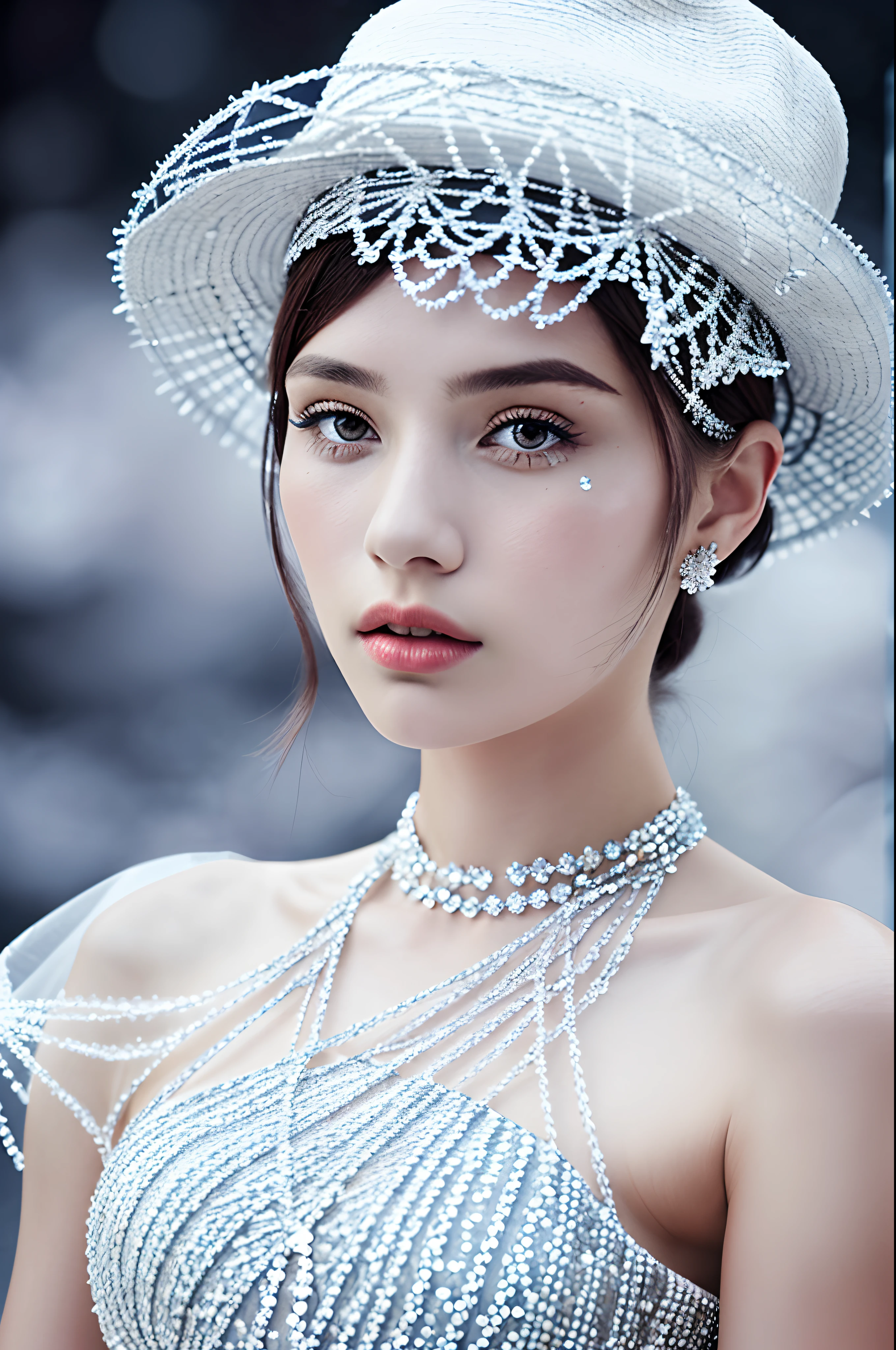 Fashion model wearing a dress and hat made out of ice crystals, intricate background, realistic photograph, surreal photography, 8k