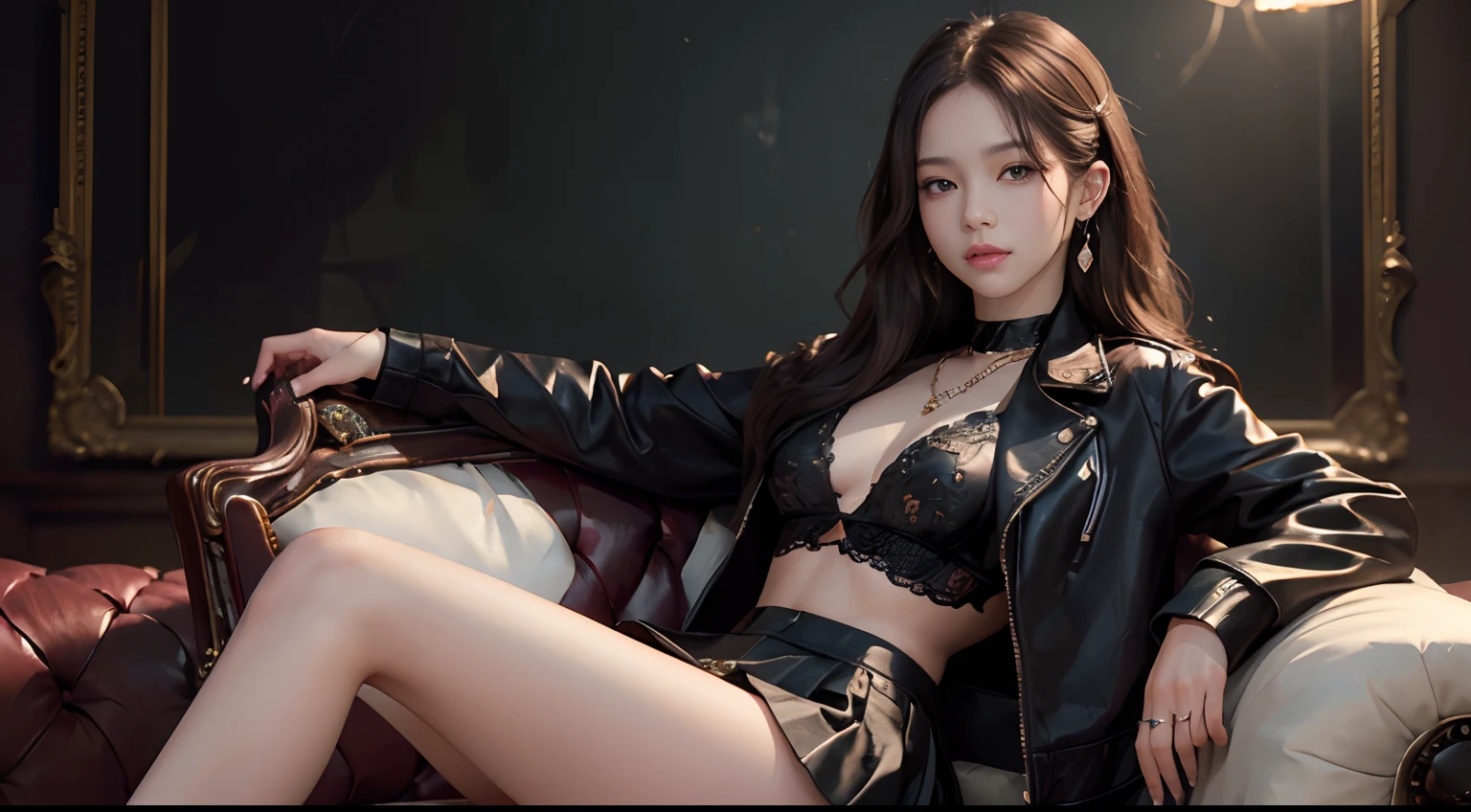 (masterpiece), a stunning photograph of blackpink lisa, full body, 8k, raw photo, looking at viewer, (highly detailed skin:1.2), small breasts, slim body, brown hair, (photorealistic:1.4), black jacket, skirt , solo, jewelry, earrings, (looking at viewer), long hair, brown eyes, portrait, realistic, smile, makeup, money in background