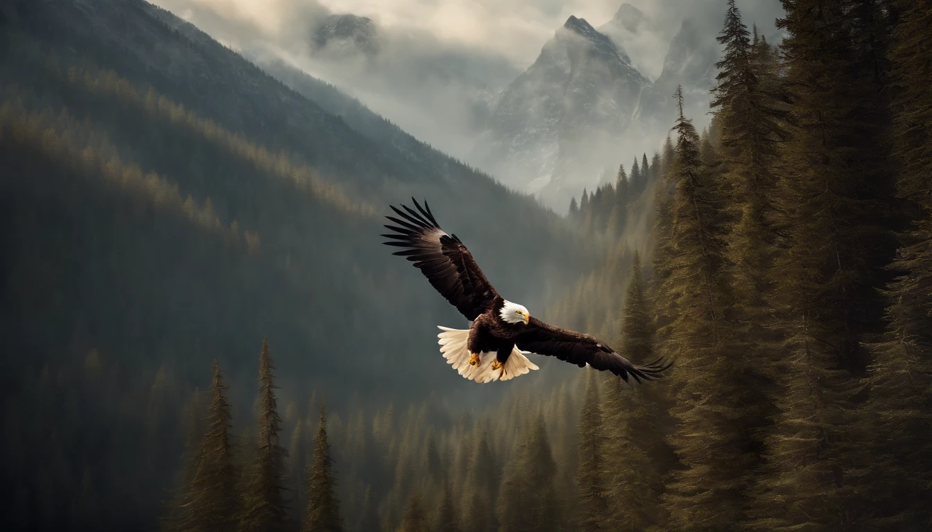 A painting of eagles flying through the mountains and forest