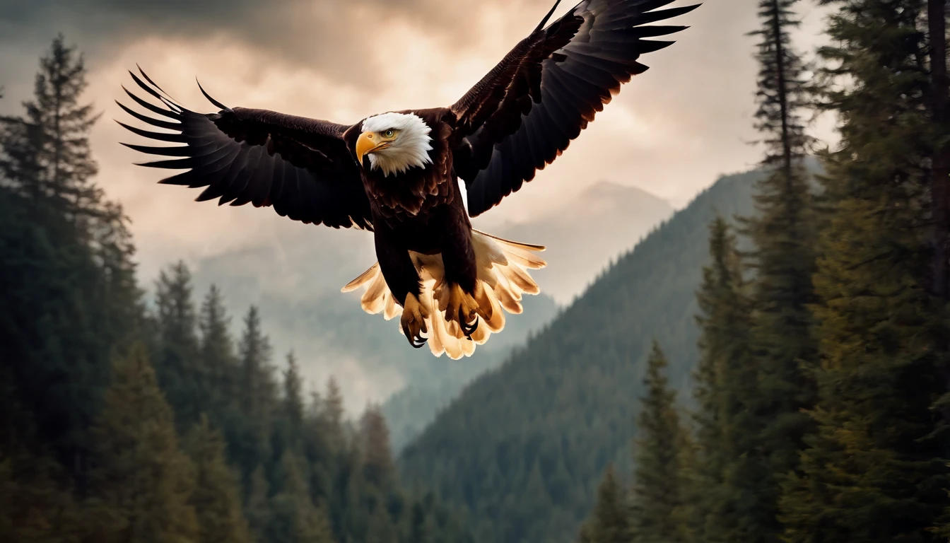A painting of eagles flying through the mountains and forest