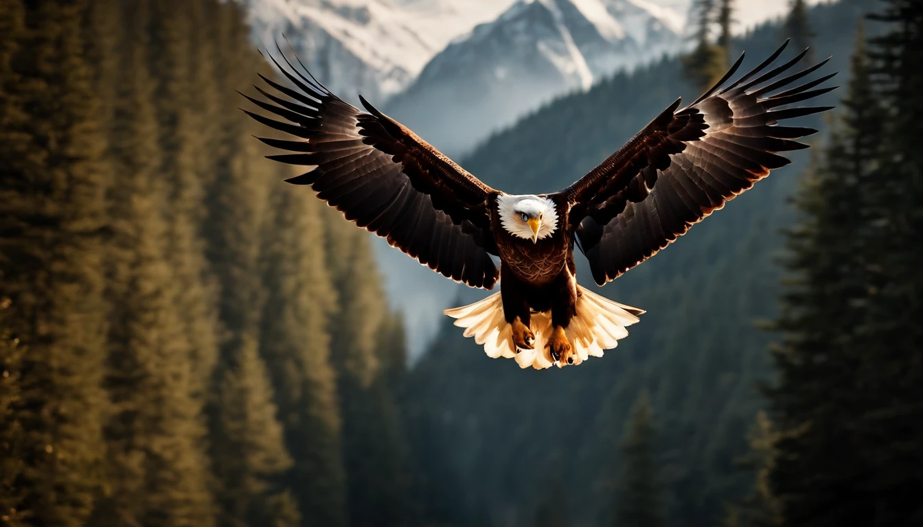 A painting of eagles flying through the mountains and forest