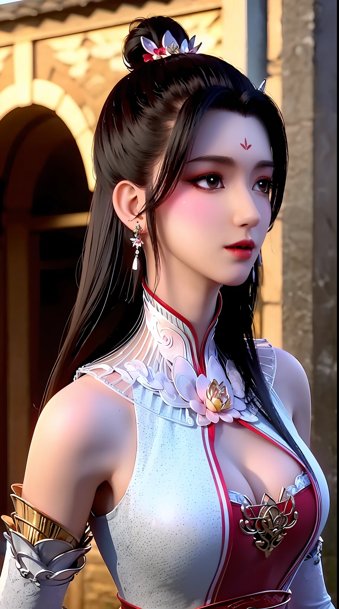 "1 beautiful girl wearing traditional costume, long thin red and white silk dress meticulously sewn, low-cut shirt, low slit, long black hair and bangs, most detailed and beautiful hair jewelry, mold most beautiful and flawless face, ((black eye pupils:0.8)), very beautiful eyes, big round eyes, ((red brown eyes:1.6)), beautiful and detailed makeup eyelashes, nose tall, earrings, small red lips, rosy face, clean face, flawless beautiful face, smooth white skin, ((large breasts: 0.9)), Blums breasts, ((chest big and super round: 0.9)), ((super tight breasts: 1.2)), ((breast augmentation: 0.8)), beautiful breasts, slim and petite body, ((thin waist: 0, 9)), upper body of a beautiful girl, sexy girl, fishnet stockings color coordinated according to outfit, 8k photo, super high quality, surreal, 10x super pixels, realistic photo, dark studio, background bright, two-tone light, (high detail skin: 1.2), 8k uhd, soft light, high quality, volumetric light, realistic, High resolution photo, light, best photo, quality 4k, 8k, smooth and sharp, increased pixels by 10 times, super graphics, most realistic graphics, (((outdoor red flower background: 1.5))), 1 girl, alone, solo, ((portrait direct:1.2)), Extremely sharp, super realistic images."