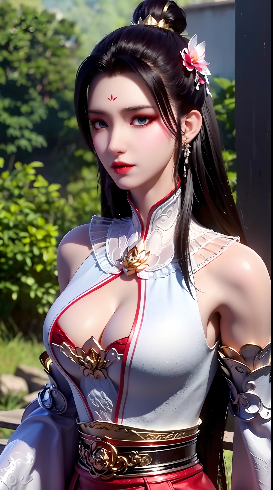 "1 beautiful girl wearing traditional costume, long thin red and white silk dress meticulously sewn, low-cut shirt, low slit, long black hair and bangs, most detailed and beautiful hair jewelry, mold most beautiful and flawless face, ((black eye pupils:0.8)), very beautiful eyes, big round eyes, ((red brown eyes:1.6)), beautiful and detailed makeup eyelashes, nose tall, earrings, small red lips, rosy face, clean face, flawless beautiful face, smooth white skin, ((large breasts: 0.9)), Blums breasts, ((chest big and super round: 0.9)), ((super tight breasts: 1.2)), ((breast augmentation: 0.8)), beautiful breasts, slim and petite body, ((thin waist: 0, 9)), upper body of a beautiful girl, sexy girl, fishnet stockings color coordinated according to outfit, 8k photo, super high quality, surreal, 10x super pixels, realistic photo, dark studio, background bright, two-tone light, (high detail skin: 1.2), 8k uhd, soft light, high quality, volumetric light, realistic, High resolution photo, light, best photo, quality 4k, 8k, smooth and sharp, increased pixels by 10 times, super graphics, most realistic graphics, (((outdoor red flower background: 1.5))), 1 girl, alone, solo, ((portrait direct:1.2)), Extremely sharp, super realistic images."