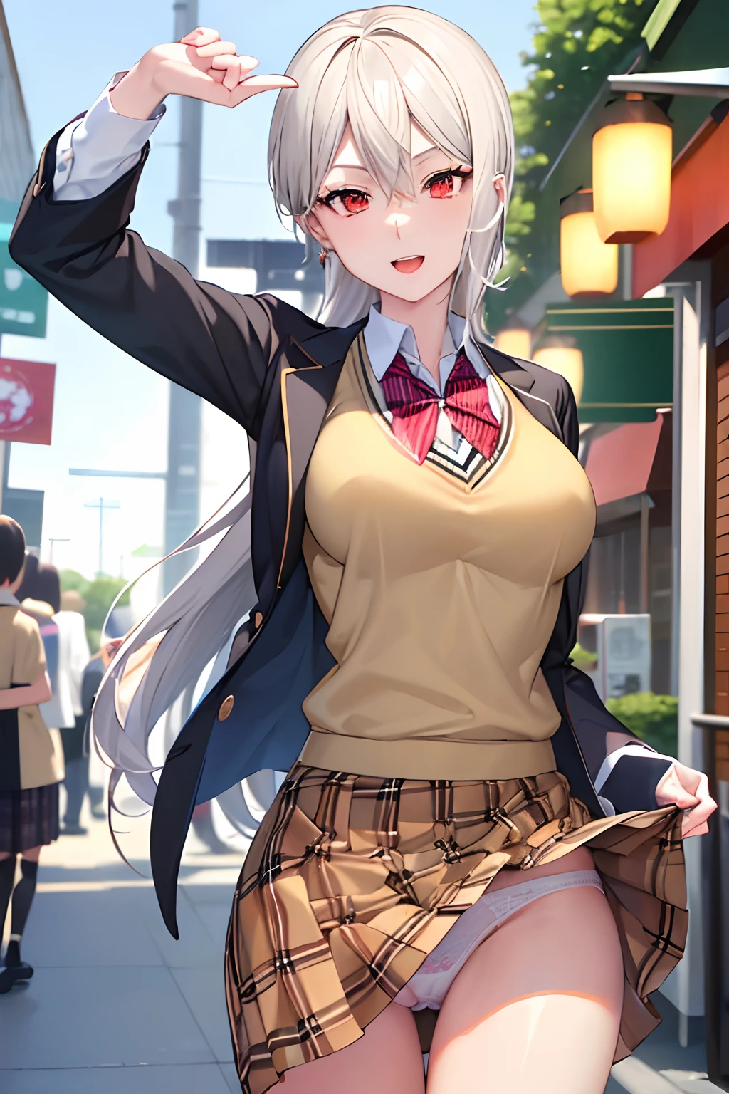 masterpiece, top-quality, AliceKV4, 1girl in, 独奏, looking at the viewers, Smile with open mouth, parody, skirt by the, 校服, neck tie, Plaid, knee high, (plaid skirts:1.3), stripe tie, ((The upper part of the body)), Sweater Vest, plein air, city alley, natta, Professional Light、(Skirt lift:1.3), (White panty:1.3)、(Skirt that rolls up:1.3)、(Fully exposed panties:1.5)