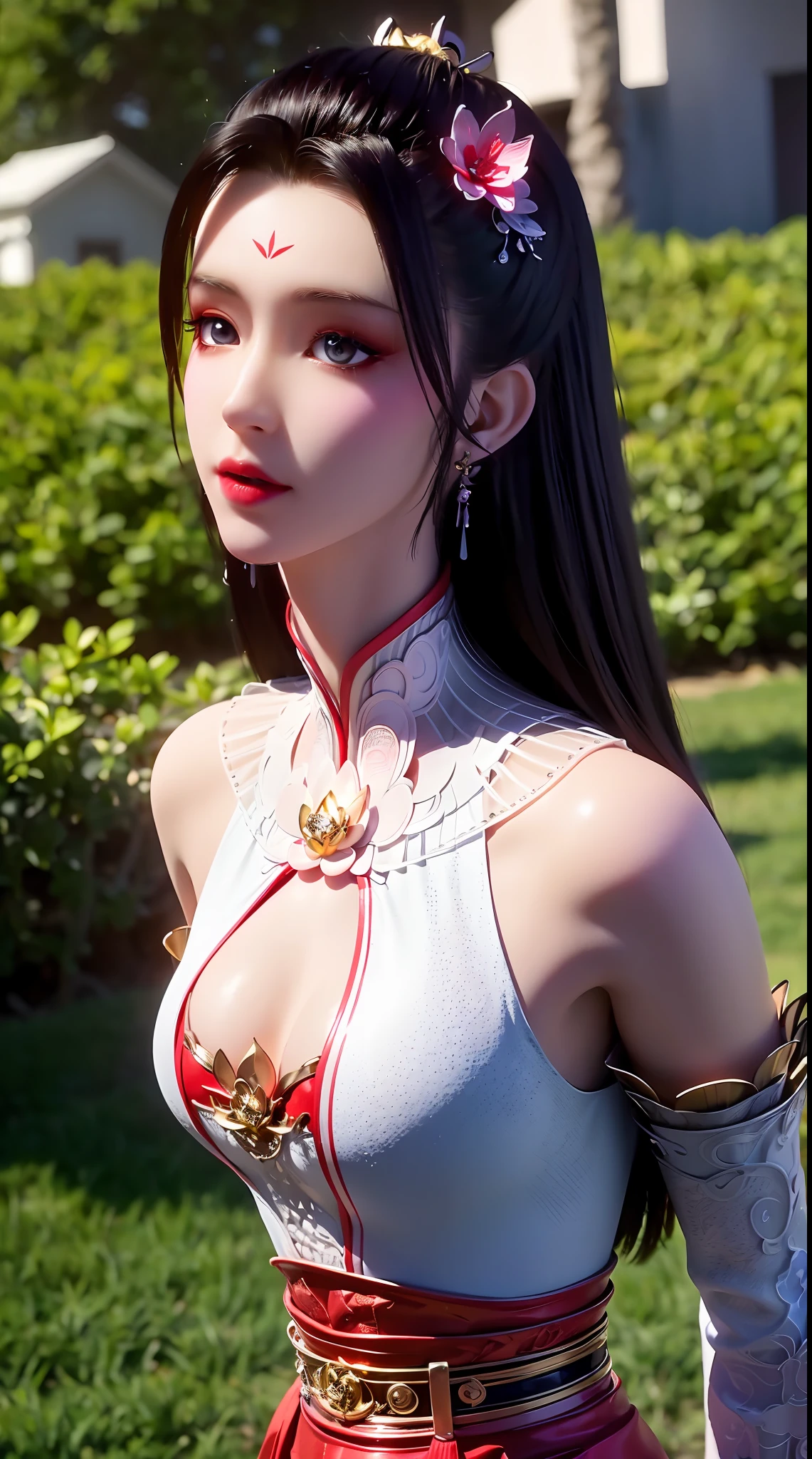 "1 beautiful girl wearing traditional costume, long thin red and white silk dress meticulously sewn, low-cut shirt, low slit, long black hair and bangs, most detailed and beautiful hair jewelry, mold most beautiful and flawless face, ((black eye pupils:0.8)), very beautiful eyes, big round eyes, ((red brown eyes:1.6)), beautiful and detailed makeup eyelashes, nose tall, earrings, small red lips, rosy face, clean face, flawless beautiful face, smooth white skin, ((large breasts: 0.9)), Blums breasts, ((chest big and super round: 0.9)), ((super tight breasts: 1.2)), ((breast augmentation: 0.8)), beautiful breasts, slim and petite body, ((thin waist: 0, 9)), upper body of a beautiful girl, sexy girl, fishnet stockings color coordinated according to outfit, 8k photo, super high quality, surreal, 10x super pixels, realistic photo, dark studio, background bright, two-tone light, (high detail skin: 1.2), 8k uhd, soft light, high quality, volumetric light, realistic, High resolution photo, light, best photo, quality 4k, 8k, smooth and sharp, increased pixels by 10 times, super graphics, most realistic graphics, (((outdoor red flower background: 1.5))), 1 girl, alone, solo, ((portrait direct:1.2)), Extremely sharp, super realistic images."