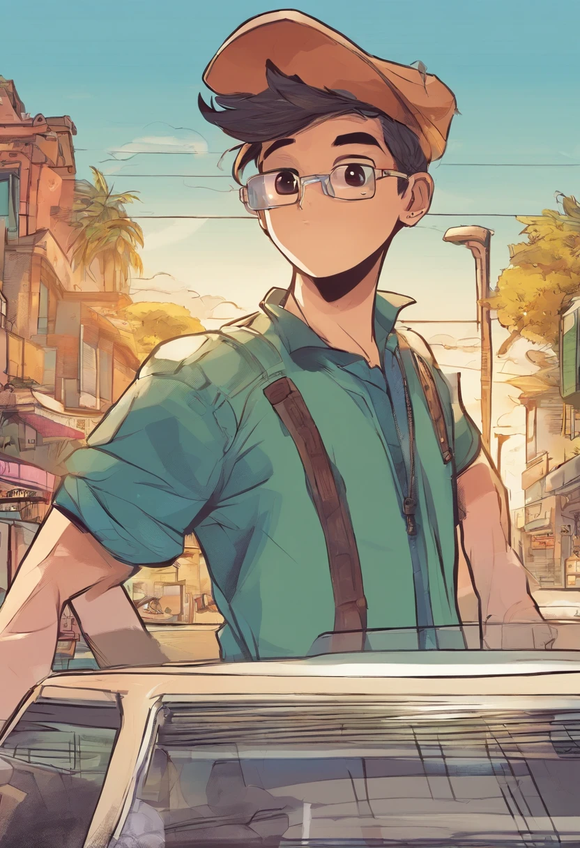 Hombre de lentes, masculino, cabello corto, cabello corto negro, vajando en un busBus en medio de una carretera, autor: Ciego 99, by Bebebebebe, by chunie, author:mystikfox61, author:zackarry911, author:Tsuneki Fuji, author:Schmuzo