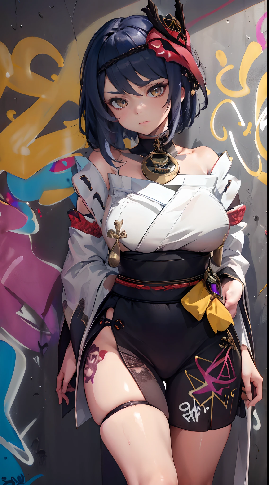 Kujou Sara Genshin Effect, masterpiece, bestquality, 1girls, oversized breasts, bara, Wearing a kimono, Miko Dresses, choker, (Graffiti:1.5), Splash with purple lightning pattern., arm behind back, against wall, View viewers from the front., Thigh strap, Head tilt, bored, water eyes,