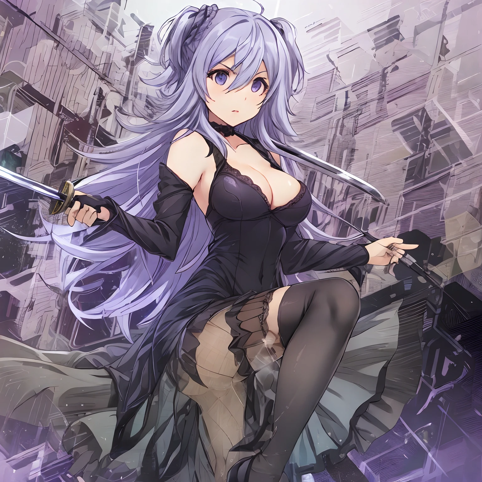 masterpiece, best quality,
1girl,solo, maria,purple hair ,long hair,hair between eyes,two side up, purple eyes, medium breasts,
, solo focus, parted lip, determined eyes, (drawing sword stance),
lace lace dress, black frill dress, long dress frill skirt, tight dress, lace thighhighs, lace garter, classic high heels, lace choker,sword,