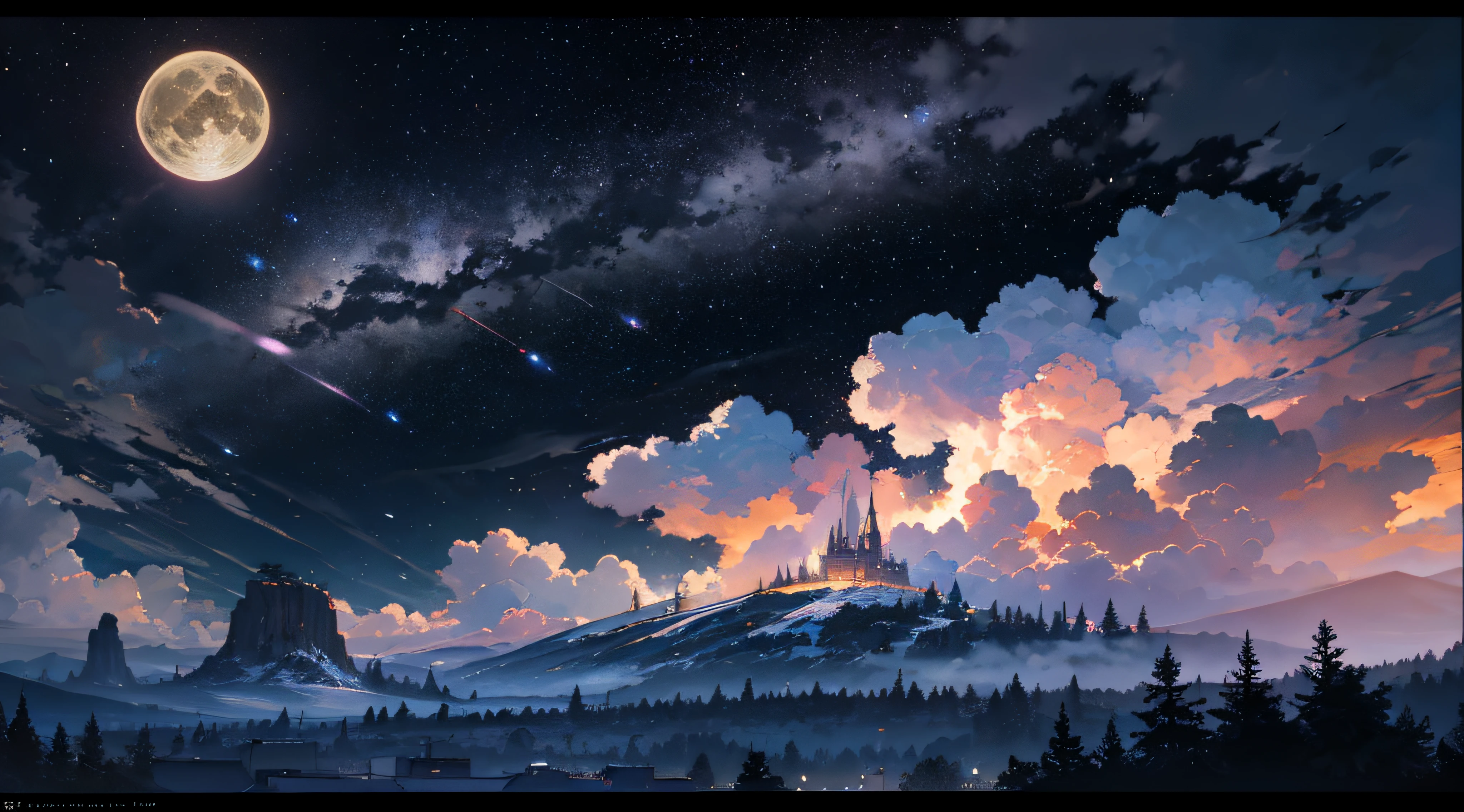 expansive landscape photograph,(moon full:1.2),(meteor:0.9),(StarCloud:1.3),(warm light source:1.2),(Fireflies:1.2),Lamp light,Lots of purple and orange,intricated details,Volumetric lighting,Realism BREAK(tmasterpiece:1.2),(best qualtiy),8K,Ultra-detailed,(Dynamic composition:1.4),very very detailed,Colorful Detail,(Iridescent Color:1.2),(Glowing lights,Atmospheric lighting),Magical dreams,Magical,(独奏:1.2),((best qualtiy)), ((tmasterpiece)), (the detail:1.4),depth of fields,Maximum Sharpness and Sharpness,perfectly proportions,Fluttering clouds,Wallpapers