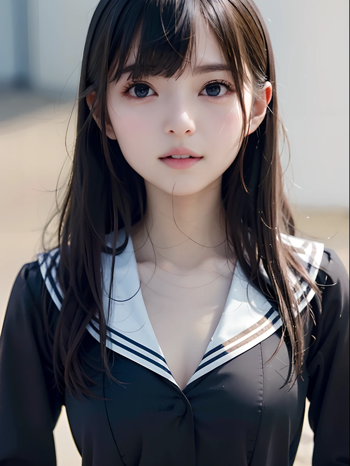 , 8k RAW photo, （（Black sailor suit））top-quality, ​masterpiece,kawaii faces、dual、 full body Esbian、A smile、kawaii faces、超A high resolution, film grains, filmg, 1girl in, looking at the viewers, natural skin textures, realistic eyes and face details, Perfect tooth alignment、Perfect eyes and perfect mouth、 bangss、cparted lips, s lips,