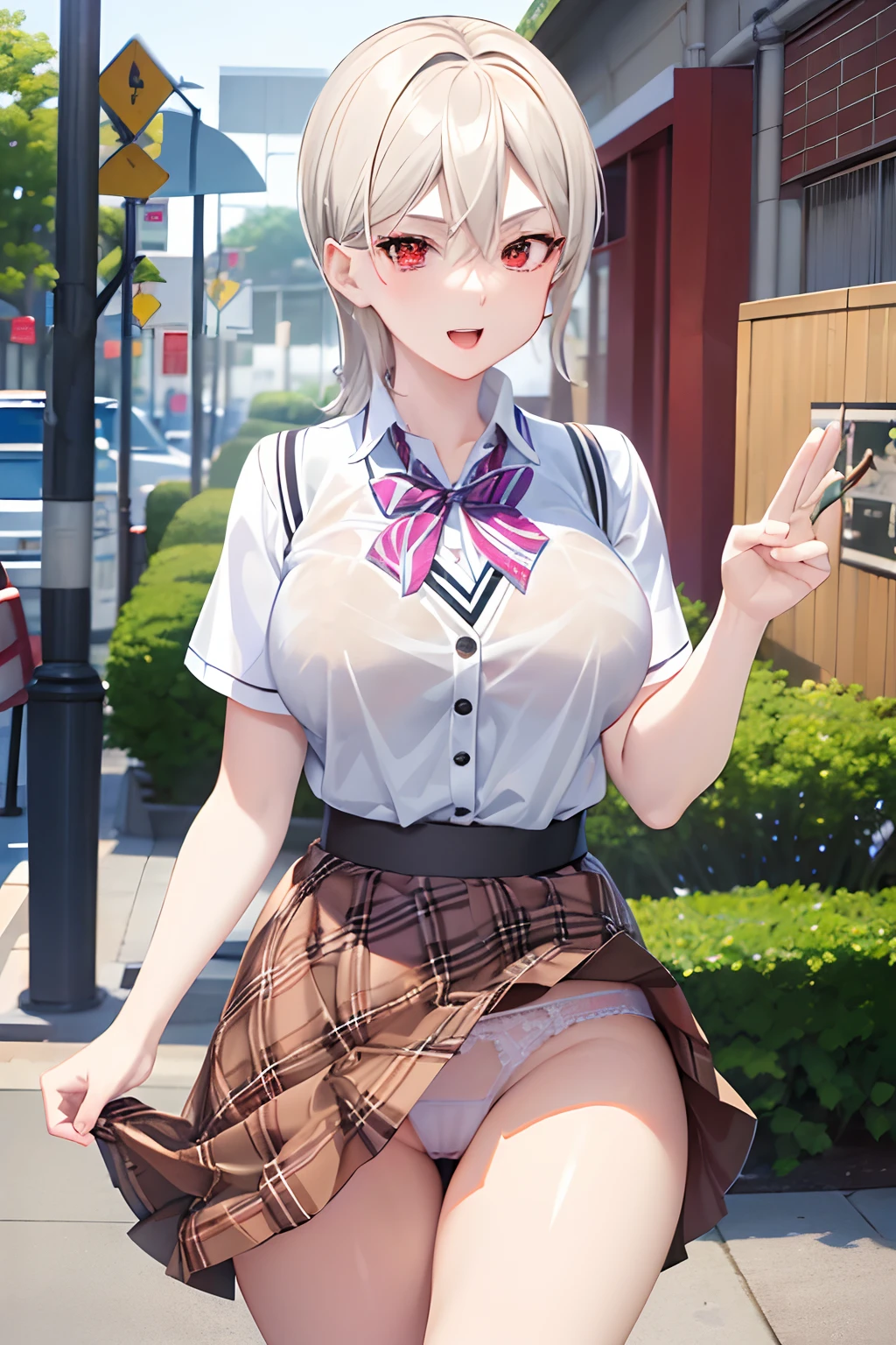 ​masterpiece, top-quality, AliceKV4, 1girl in, 独奏, looking at the viewers, Smile with open mouth, parody, skirt by the, 校服, neck tie,  Plaid, knee high, (plaid skirts:1.3), stripe tie, ((The upper part of the body)), Sweater Vest, plein air, city alley, natta, Professional Light、(Skirt lift:1.3), (White panty:1.3)、(Skirt that rolls up:1.3)、(Fully exposed panties:1.5)