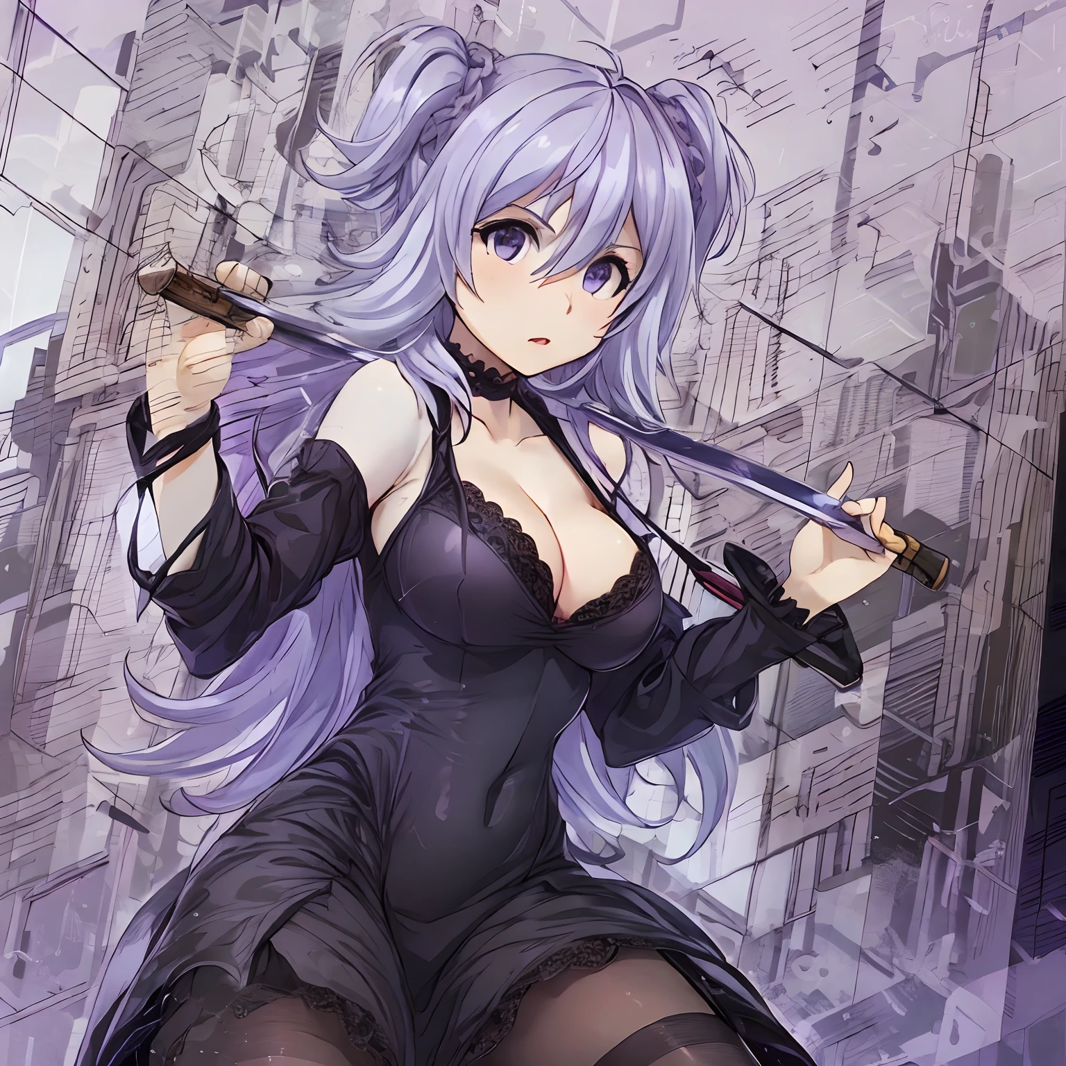 masterpiece, best quality,
1girl,solo, maria,purple hair ,long hair,hair between eyes,two side up, purple eyes, medium breasts,
, solo focus, parted lip, determined eyes, (drawing sword stance),
lace lace dress, black frill dress, long dress frill skirt, tight dress, lace thighhighs, lace garter, classic high heels, lace choker,sword,