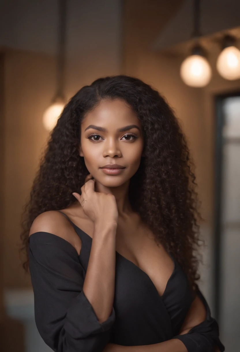 beautiful dark light skin woman with long african afro hair style, Out-front photo of Influencer looking at the camera with hands crossed and folded in front of her, Barely any emotion. Looking straight onto the camera. Arms are crossed in front round rib cage, Plain Leggings Black, Setting In her Manufacturing office (with a heat press).