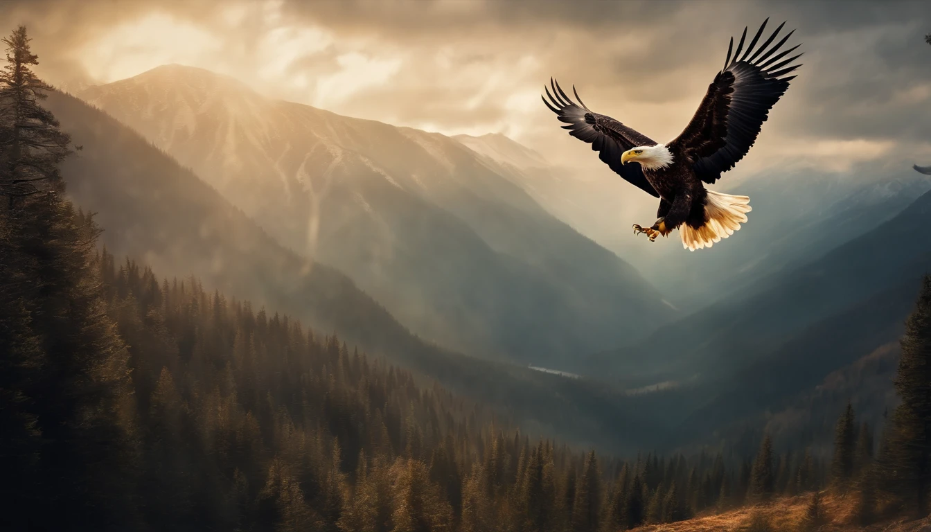 A painting of eagles flying through the mountains and forest