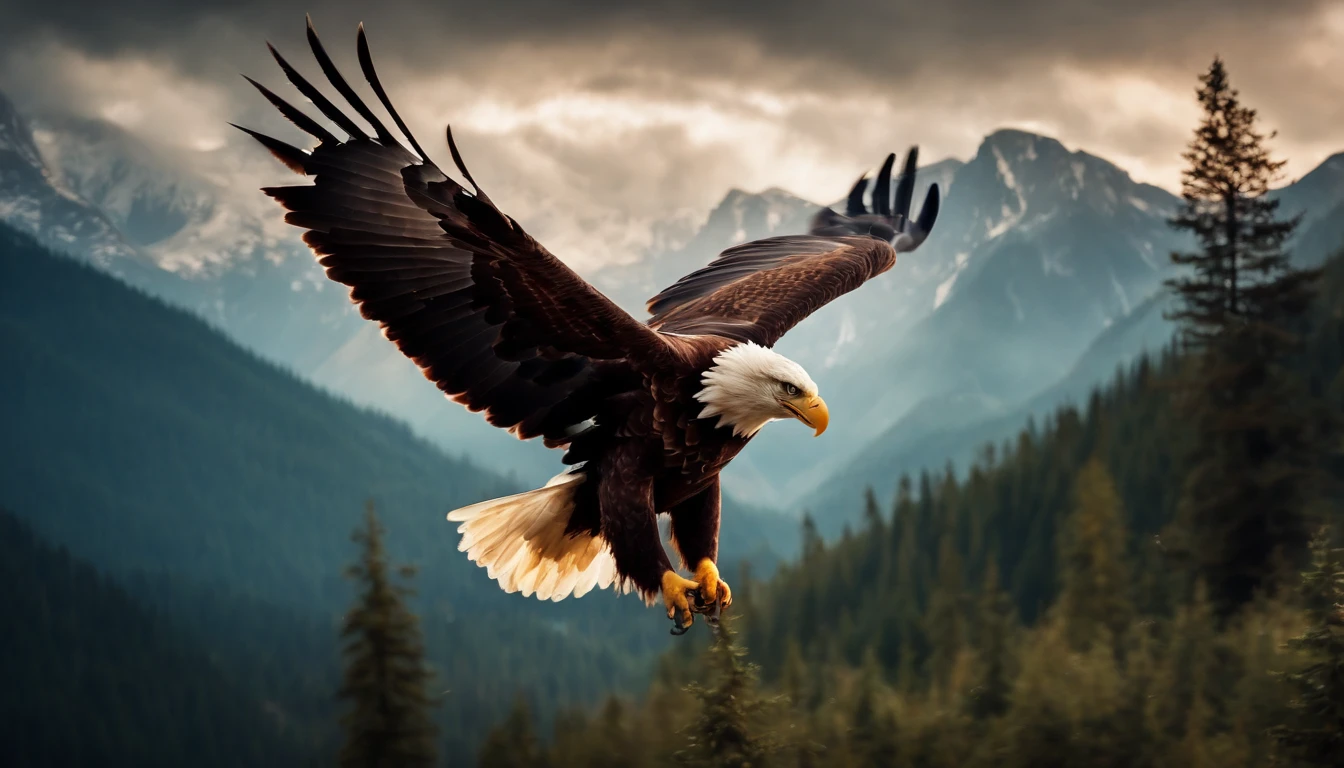 A painting of eagles flying through the mountains and forest