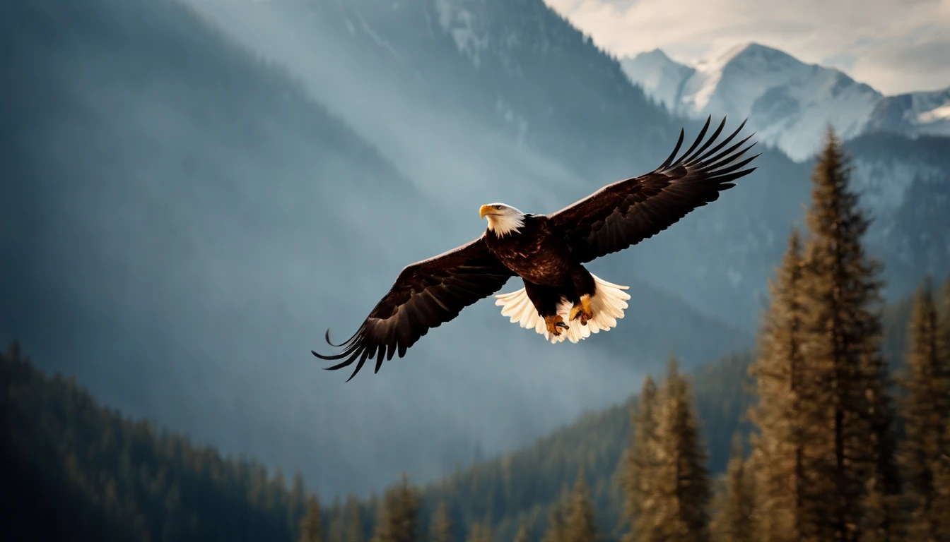 A painting of eagles flying through the mountains and forest