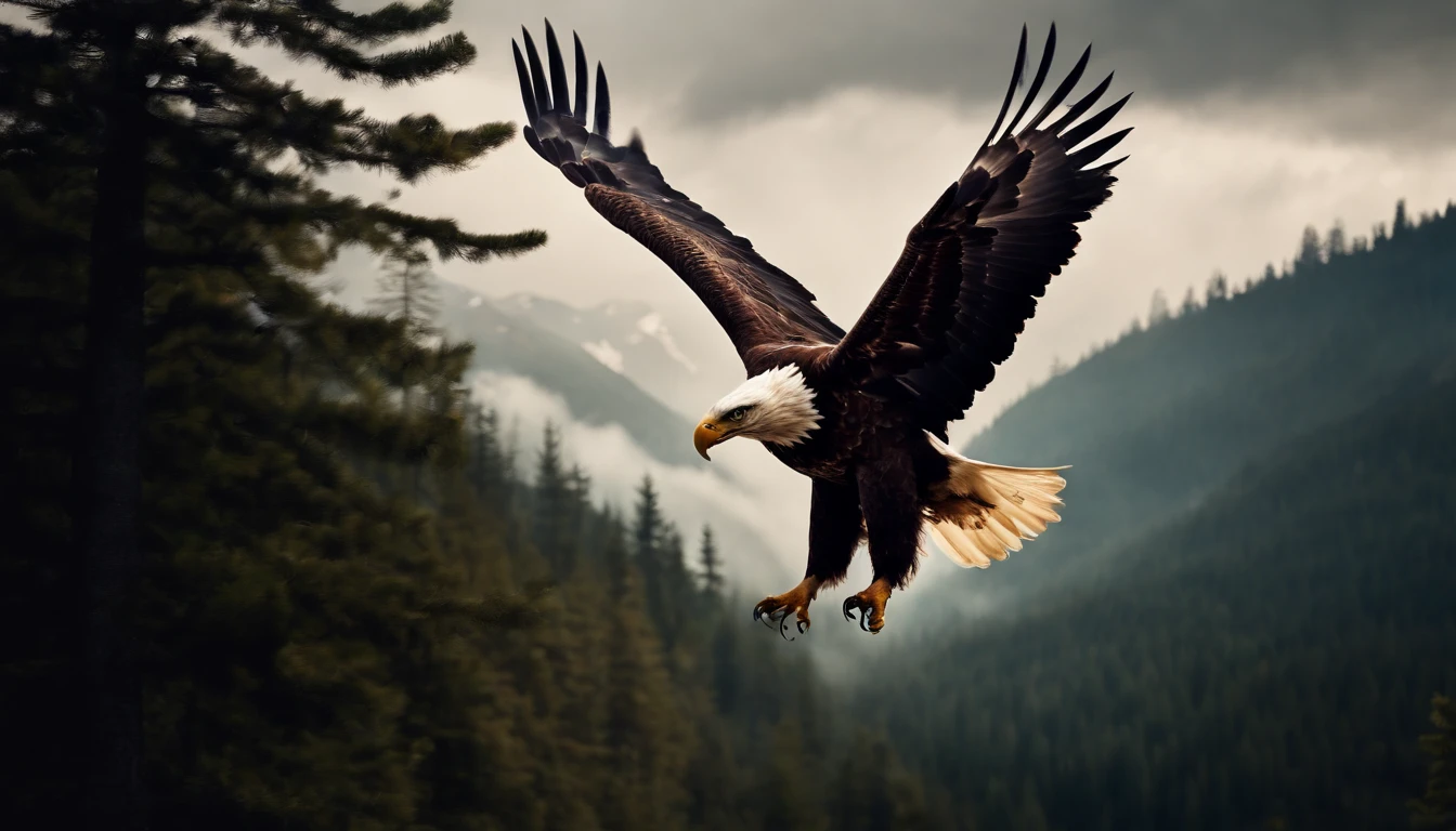 A painting of eagles flying through the mountains and forest