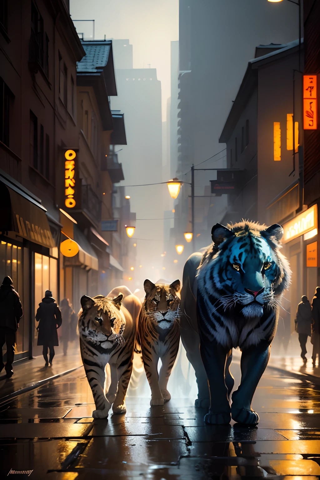 Stunningly beautiful Black panther, lion with mane and tiger walking on a street after it rained, 8k resolution concept art by Greg Rutkowski, dynamic lighting, hyperrealism, intricately detailed splash art, trending on artstation, triadic colors, unreal engine 5, maximalist digital illustration by Alphonse Mucha, WLOP, Jordan Grimmer, volumetric lighting, epic, cinematic, brilliant, dramatic, atmospheric, meticulously detailed oil painting by James Gurney, deep complementary colors