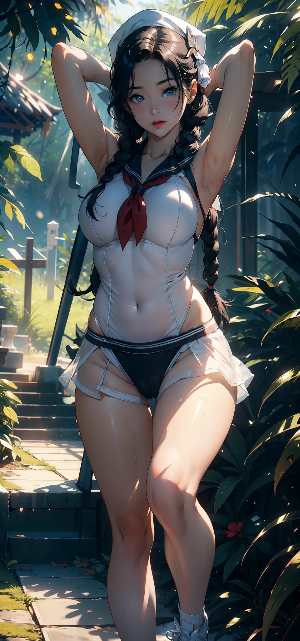 1female，35yo，plumw，extremely large bosom，big breasts thin waist，Long legs， 独奏，（Background with：，tropical，Deep in the forest，），legs are open，Bare genitalia，Bare ， She has short black hair，standing on your feet，seen from the front， Twist braids， mostly cloudy sky，（（（tmasterpiece），（Very detailed CG unity 8K wallpaper），best qualtiy，cinmatic lighting，detailed back ground，beatiful detailed eyes，Bright pupils，Black eyes，Snow-whiteskin，Redlip（Very fine and beautiful），（Beautiful and detailed eye description），ultra - detailed，tmasterpiece，））facing at camera，A high resolution，ultra - detailed），revealing breasts，Bare genitalia，  Bulge，legs are open，Raised sexy，Camel toes，Flushed complexion，Desire for dissatisfaction，frontage，high school senior，Sailor's cap，White transparent sailor suit，Puffy skirt，athletic sneakers，Show shoes