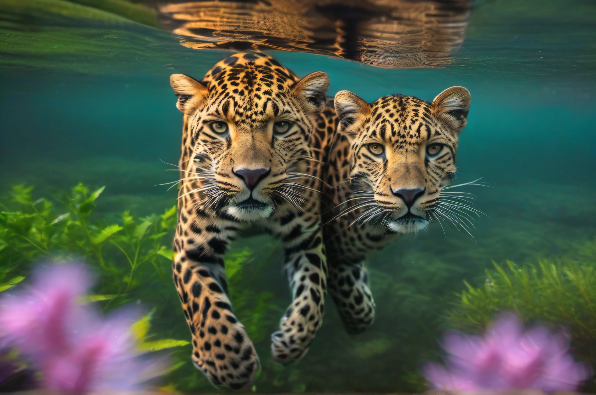 Portrait of a pair of leopards swimming in their natural habitat. Some vegetation in the back ground. Evening time, Colorful sky. National georaphy photography, Wild life photography. In the style of Frans Lanting.  Realistic photography. Ultra HD HDR 32k. --v 5.1, Ar 16:9, -- chaos 1