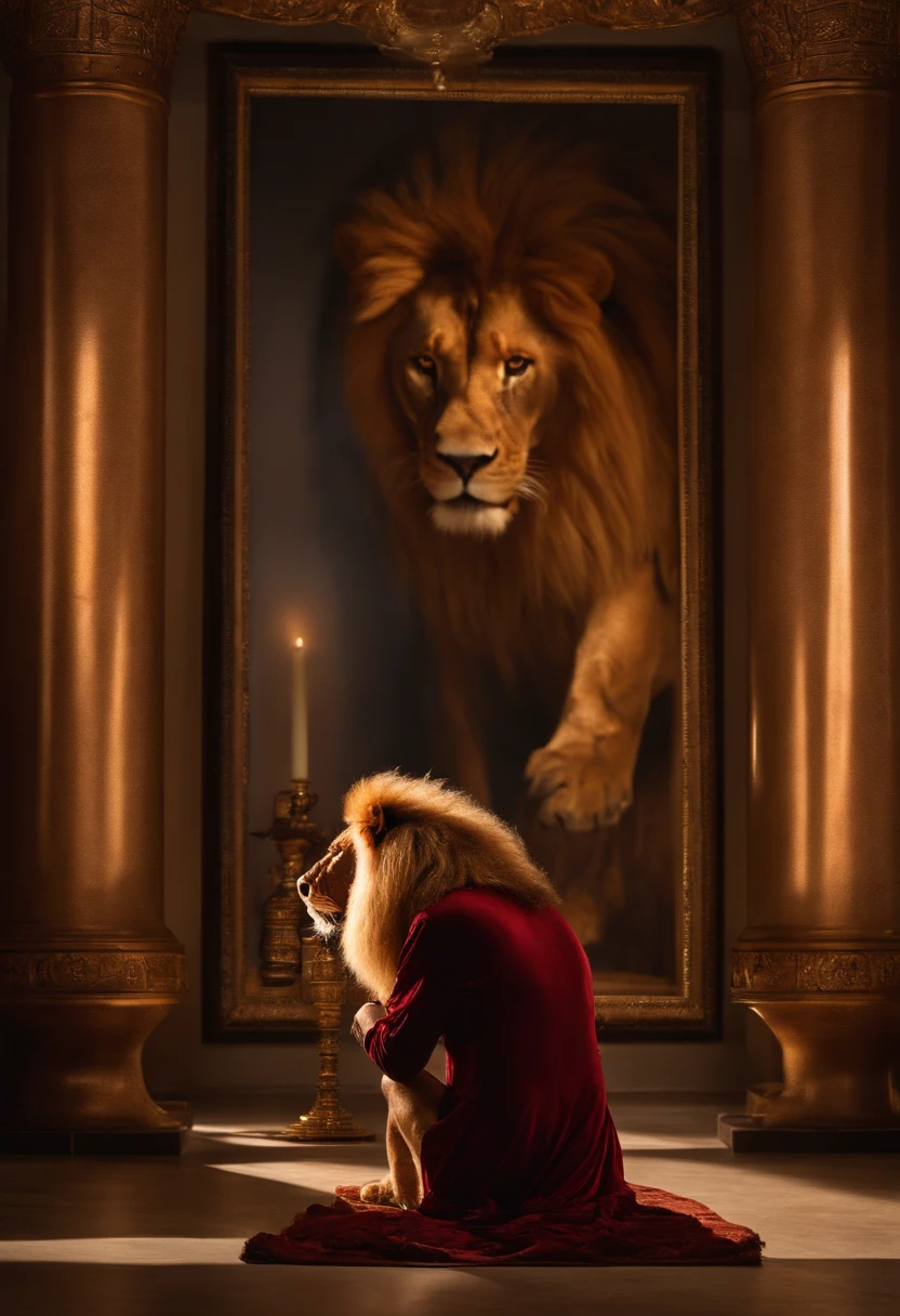 A man kneels in prayer before a mirror. The mirror reflects a majestic lion standing behind him. The man's expression reveals a mix of awe and bravery as he confronts this astonishing sight