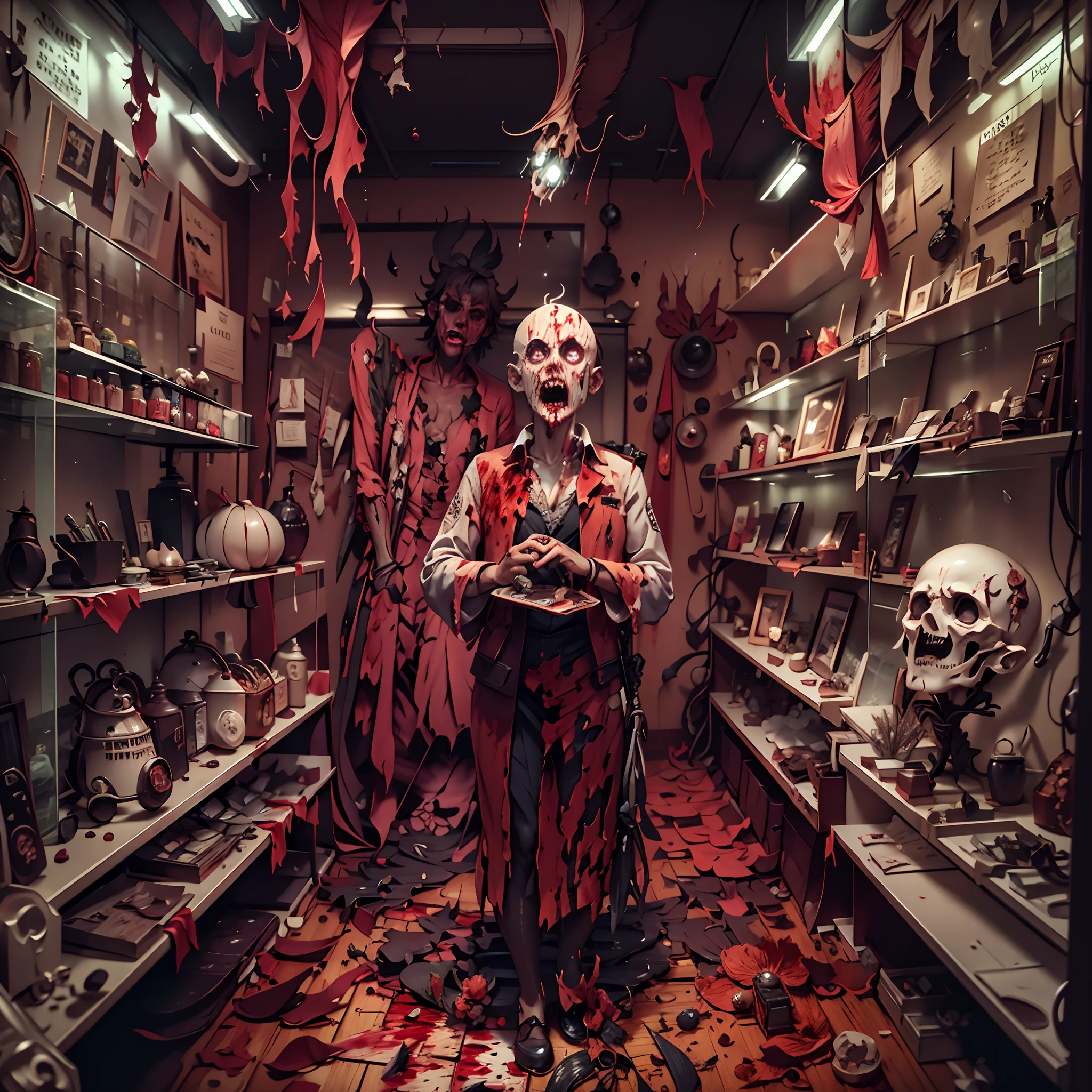 Paper Cuttings style： (((Inside the bloody parts store)))The shelves are full of horror, blood vessel, sci-fy ,(crowed:1.2),[Creepy mannequins], [Horrible amputation], [Bloody tools], [Rotting organs], [Terrible surgical instruments], [Disturbing dissection table], [Eerily dim lighting], [Sinister atmosphere][Creepy sculpture], [Disturbing mural], [Horror movie props], [Creepy doll head], [Haunting reflection], [Creepy shadows], [Morbid curiosity], [Creepy glass jars], [Ominous background music], [Creepy costumes], [Distorted mirror], [Menacing mannequin eyes], [Spooky abandoned aisles], [Bloody floor], [Haunted whispers], [Psychotic salesman], [Creepy window display], [Scary realistic mannequin limbs], [The screams echoed in the distance], [sinister expressions], [Strange mannequin face], [Grinding chains], [eerie fog], [The Mad Scientist Lab resonates], [Bloodstained price tag], [creepy atmosphera]
