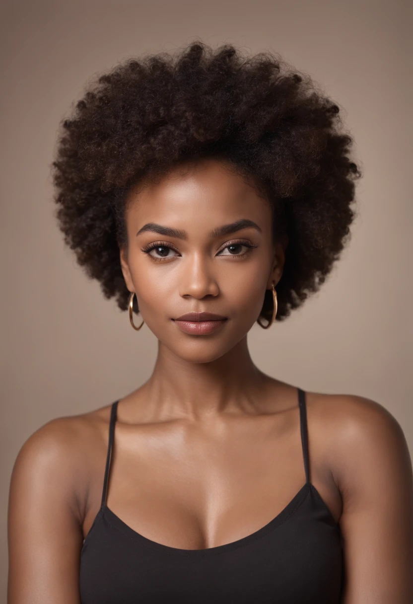 beautiful dark light skin woman with african afro hair style, Out-front photo of Influencer looking at the camera with hands crossed and folded in front of her, Barely any emotion. Looking straight onto the camera. Arms are crossed in front round rib cage, Plain Leggings Black, Setting In her Manufacturing office (with a heat press).