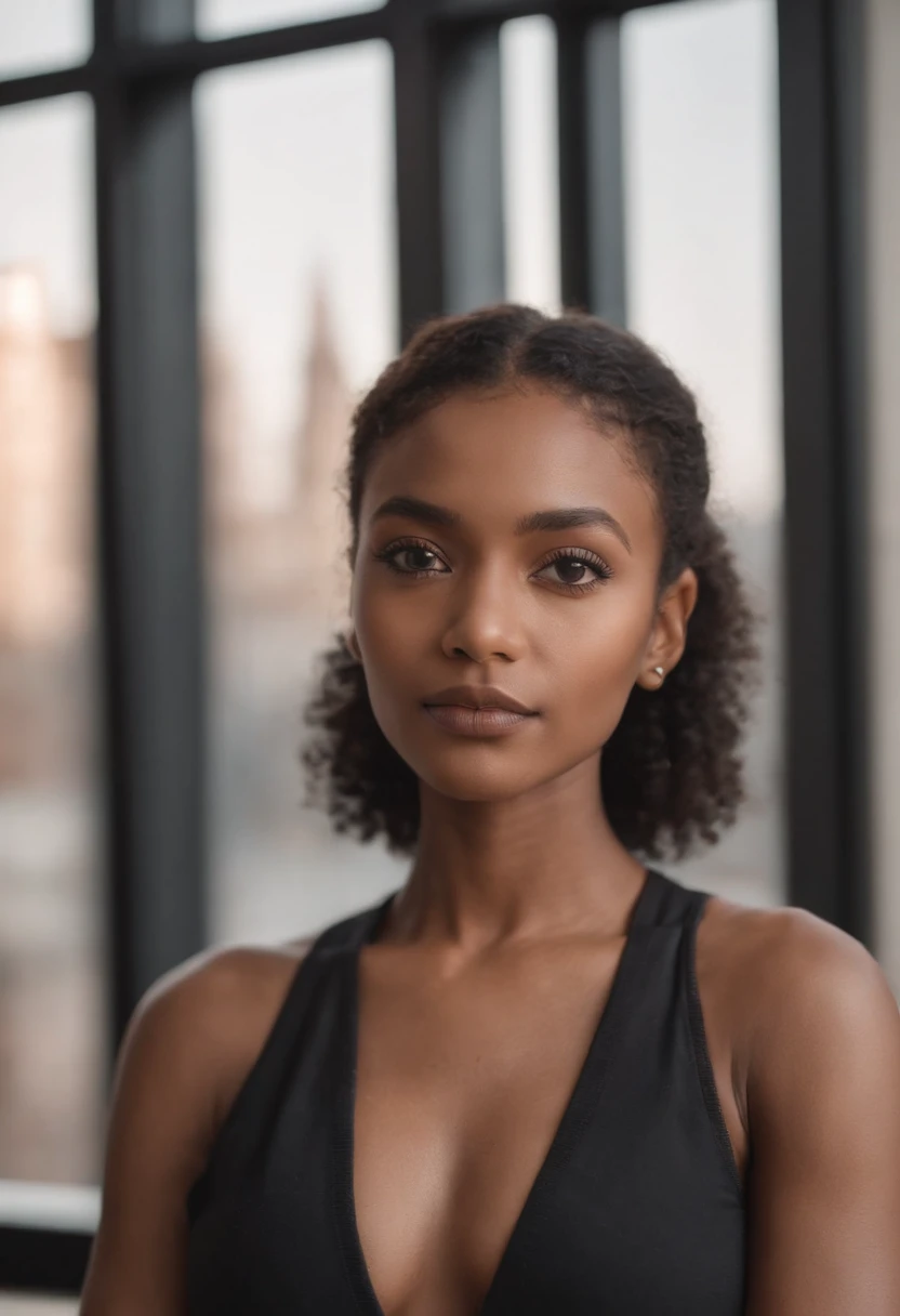 beautiful dark light skin woman with african afro hair style, Out-front photo of Influencer looking at the camera with hands crossed and folded in front of her, Barely any emotion. Looking straight onto the camera. Arms are crossed in front round rib cage, Plain Leggings Black, Setting In her Manufacturing office (with a heat press).