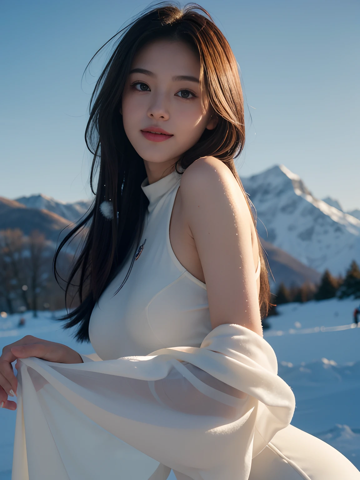 best qualtiy，tmasterpiece，超高分辨率，（真实感：1.4），RAW photogr，1girll，long whitr hair，Face Highlighting，Pure，Girly，Flushing，18yr old，18-year-old smiling female classmate，Pure，Innocent，（best qualtiy，8K，tmasterpiece:1.3），Goose egg face，largeeyes，long eyelasher，Exquisite（live-action realistic style），Star-like eyes，Ultimate face，Photorealistic light and shadow，Clear facial features，Milky white skin，Fair skin， highdetailskin， Realistic skin details， Visible Pore，（Super detail），（perfect bodies：1.1），long whitr hair，（dynamicposes），((Dynamic background((volumettic light：1.3))，huge tit，Red wool long dress，alps，snow mountains，skiing，liberta，Dashing，long leges，Shunguang