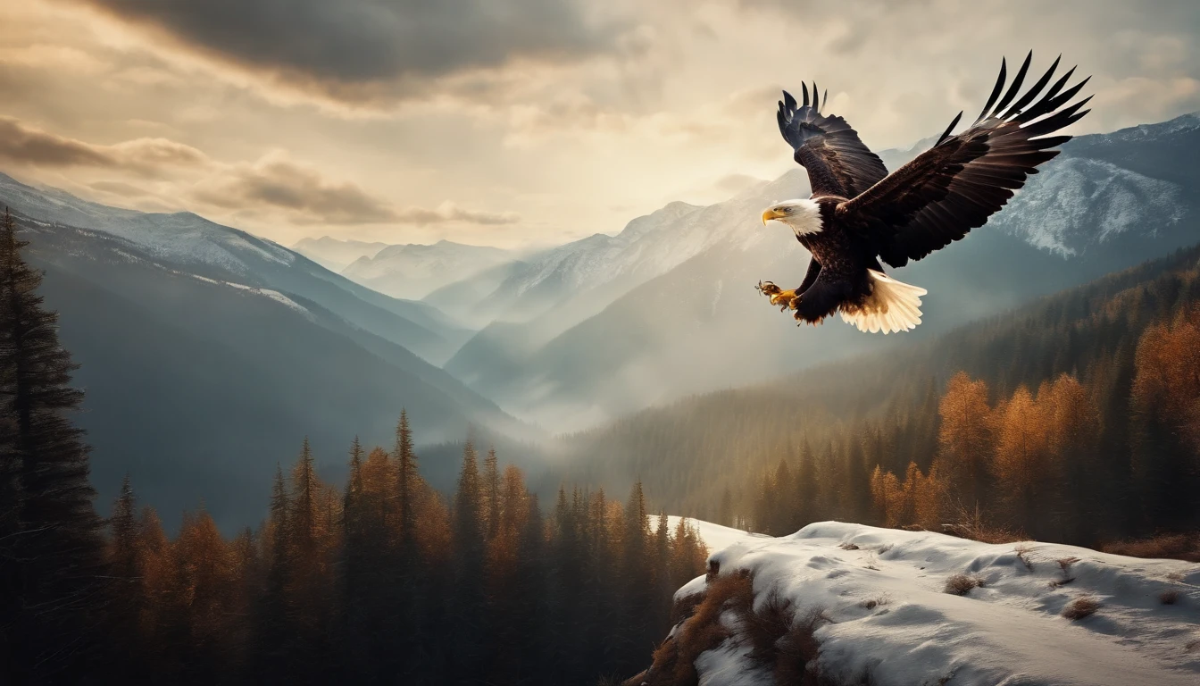 A painting of eagles flying through the mountains and forest