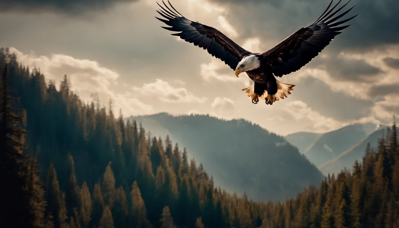 A painting of eagles flying through the mountains and forest