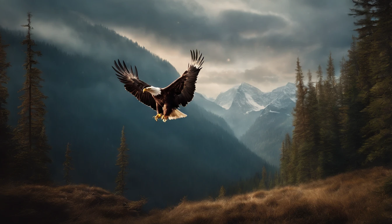 A painting of eagles flying through the mountains and forest