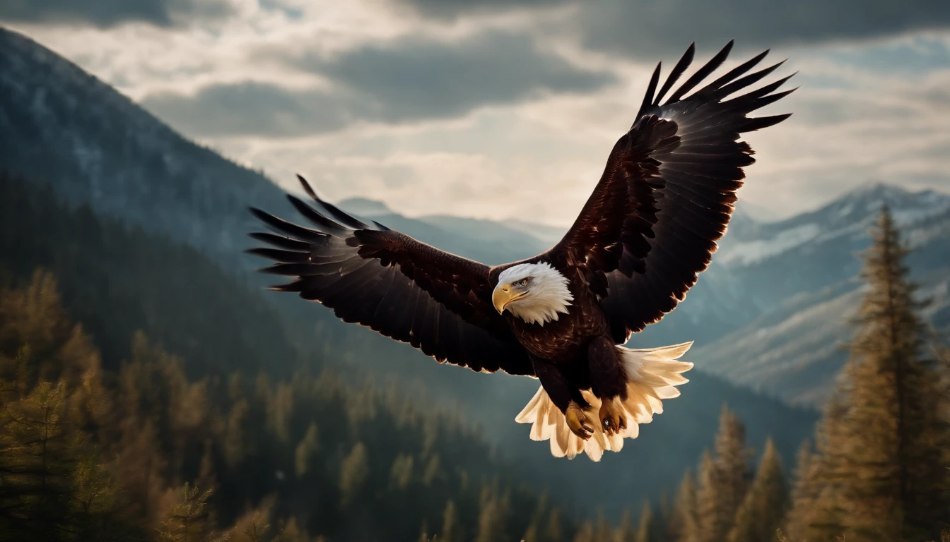 A painting of eagles flying through the mountains and forest