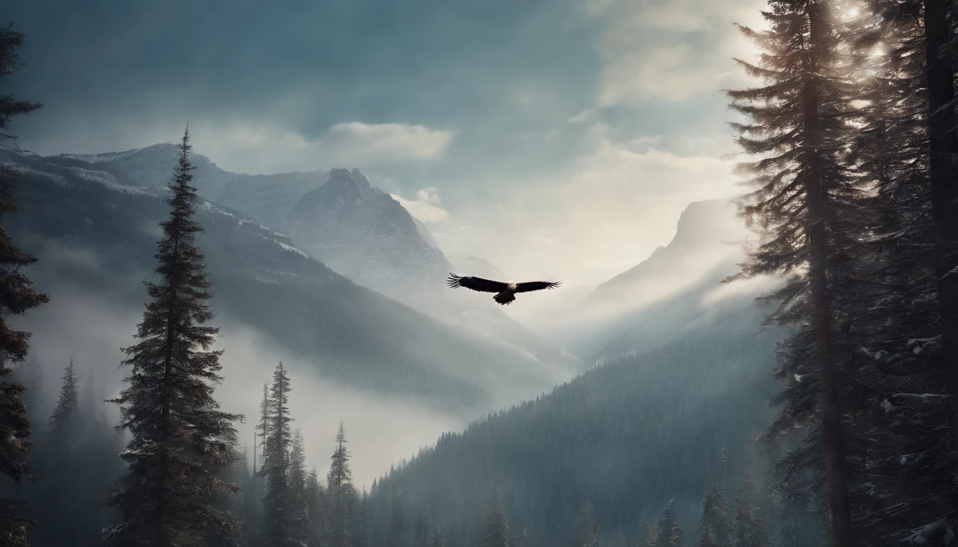 A painting of eagles flying through the mountains and forest