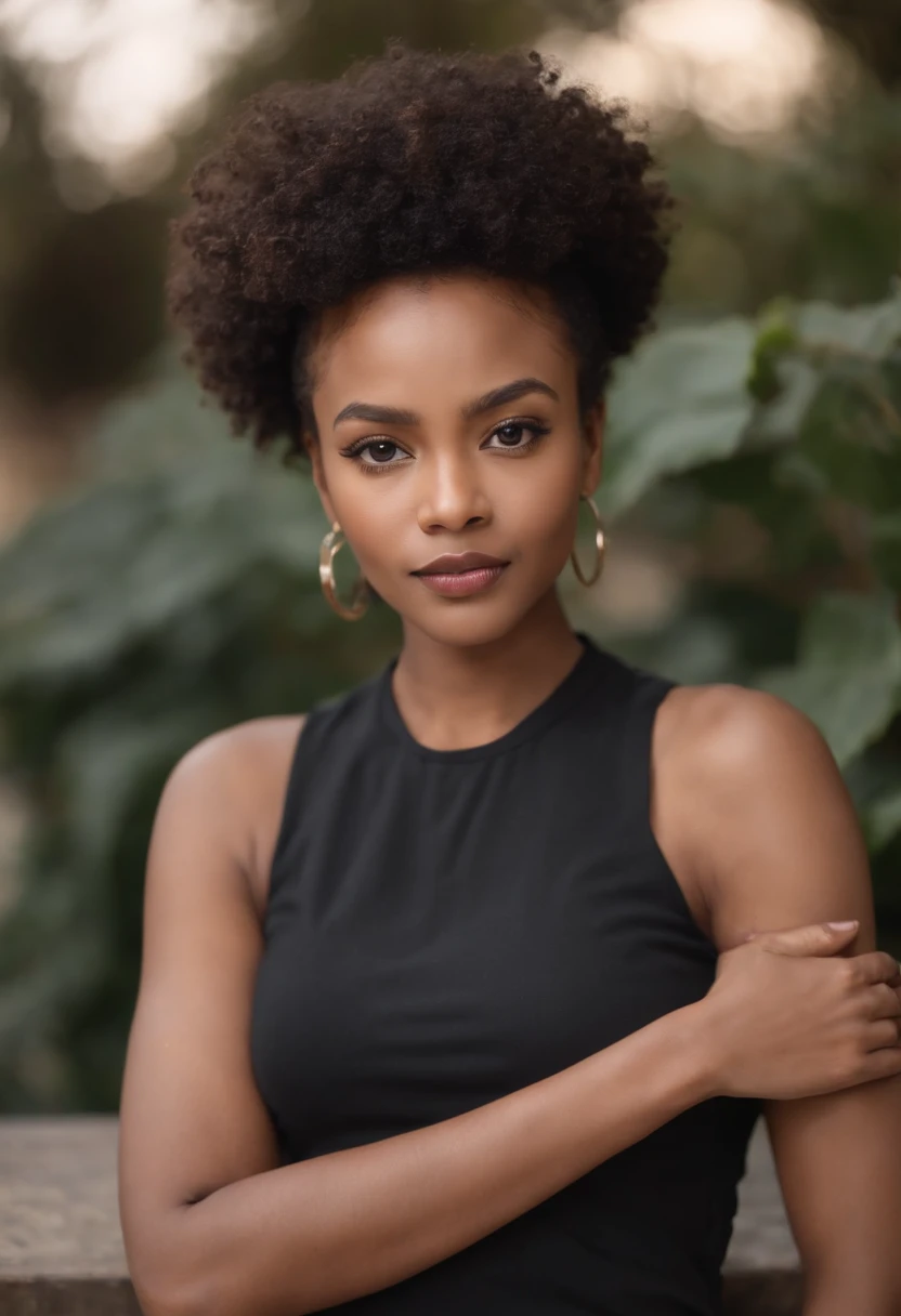 beautiful dark light skin woman, big african afro hair style, Out-front photo of Influencer looking at the camera with hands crossed and folded in front of her, Barely any emotion. Looking straight onto the camera. Arms are crossed in front round rib cage, Plain Leggings Black, Setting In her Manufacturing office (with a heat press).